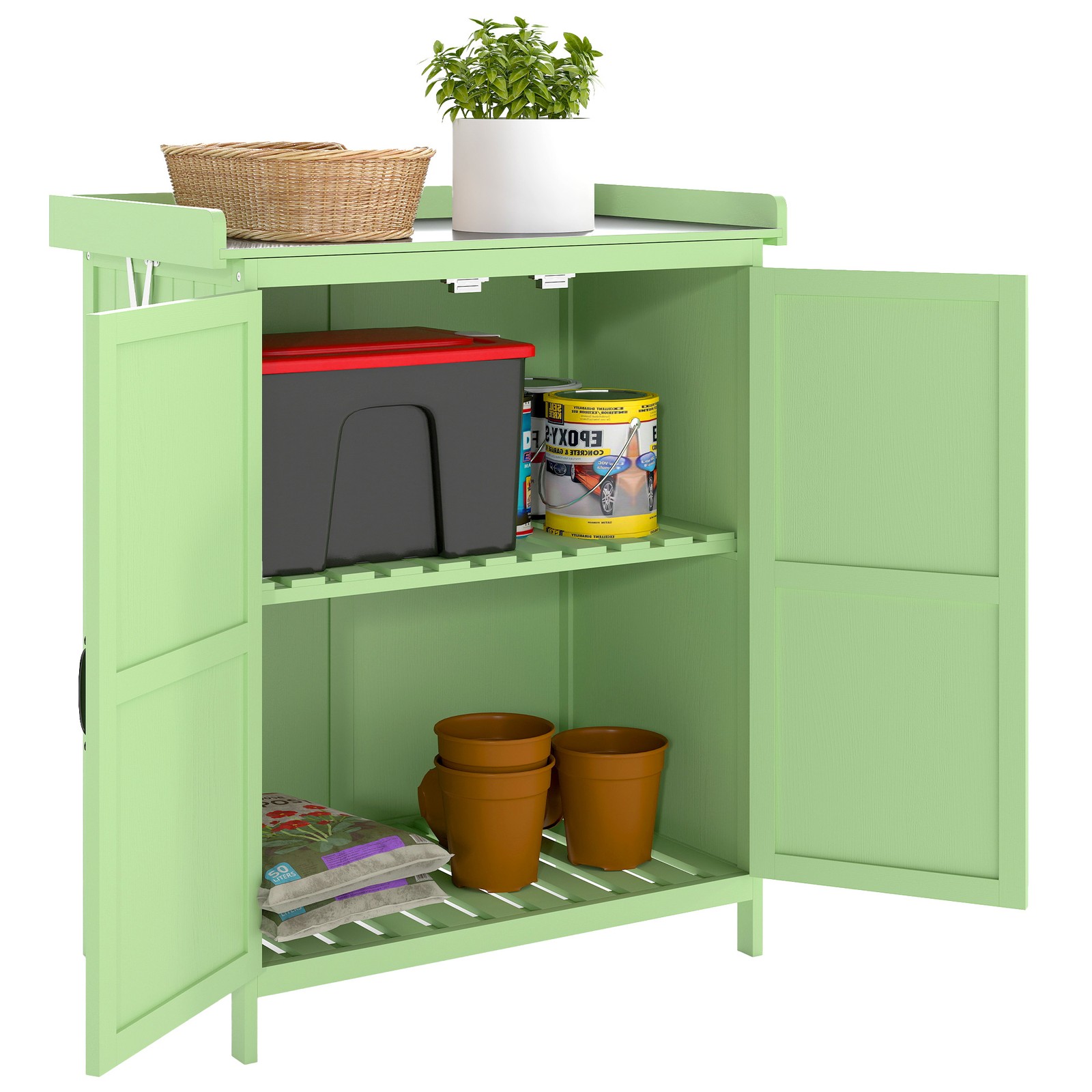 Outsunny Wooden Garden Storage Shed w/Hinged Roof and Shelf, Light Green