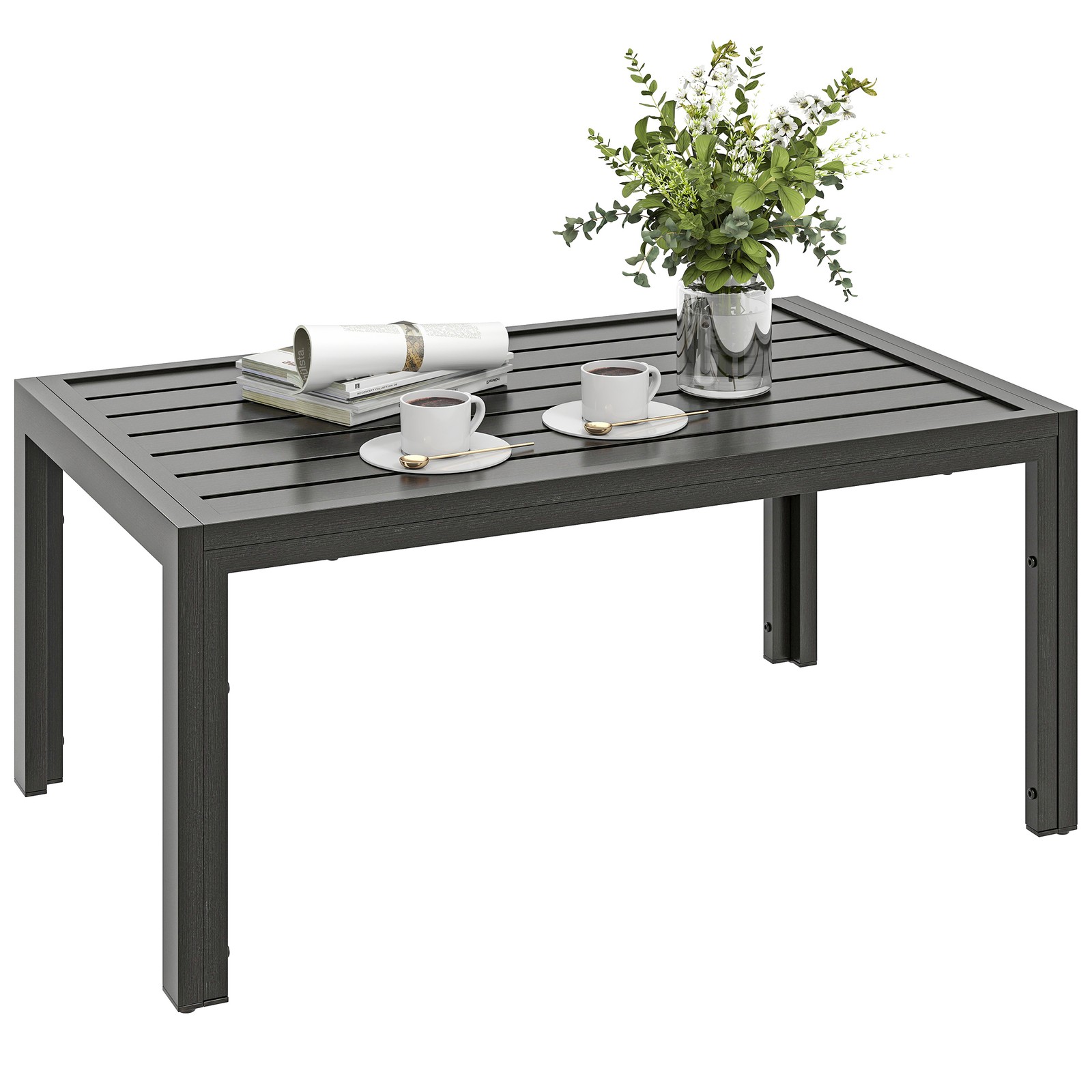 Outsunny Outdoor Side Table Garden Table with Steel Frame and Slat Top Grey Wood
