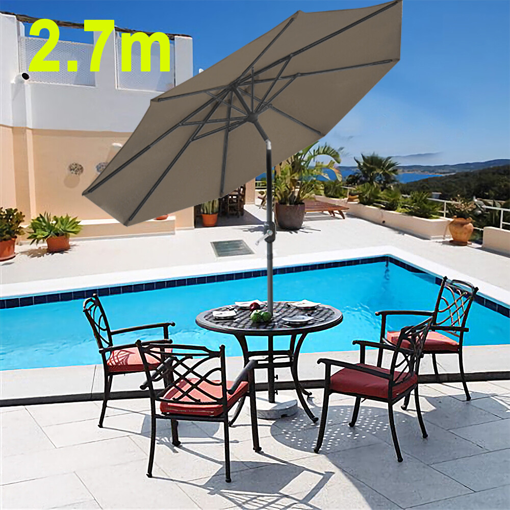 2.7M Round Garden Parasol Patio Outdoor Sun Shade Umbrella Crank Tilt Brown