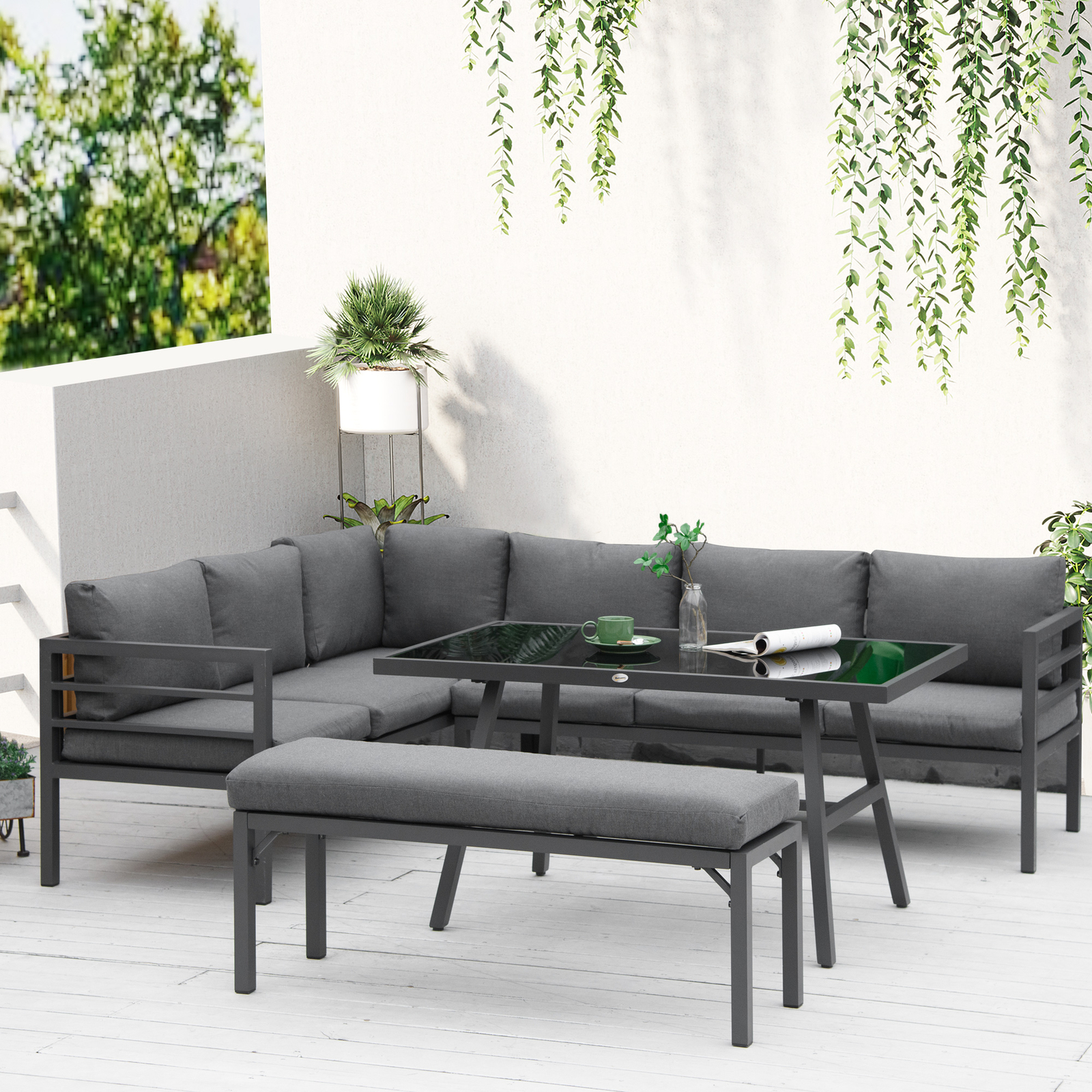4 Piece Aluminium Garden Dining Furniture Set w/ Bench, Dining Table & Cushions