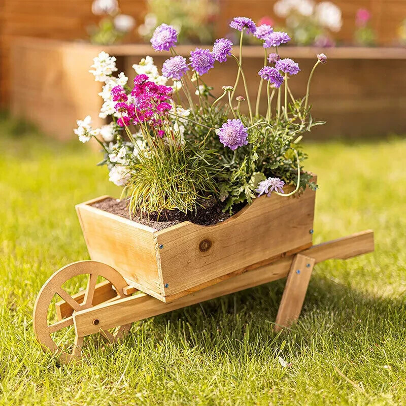 Wooden Garden Planter Wheelbarrow Outdoor Plants Flowers Pot Cart Herbs Grow