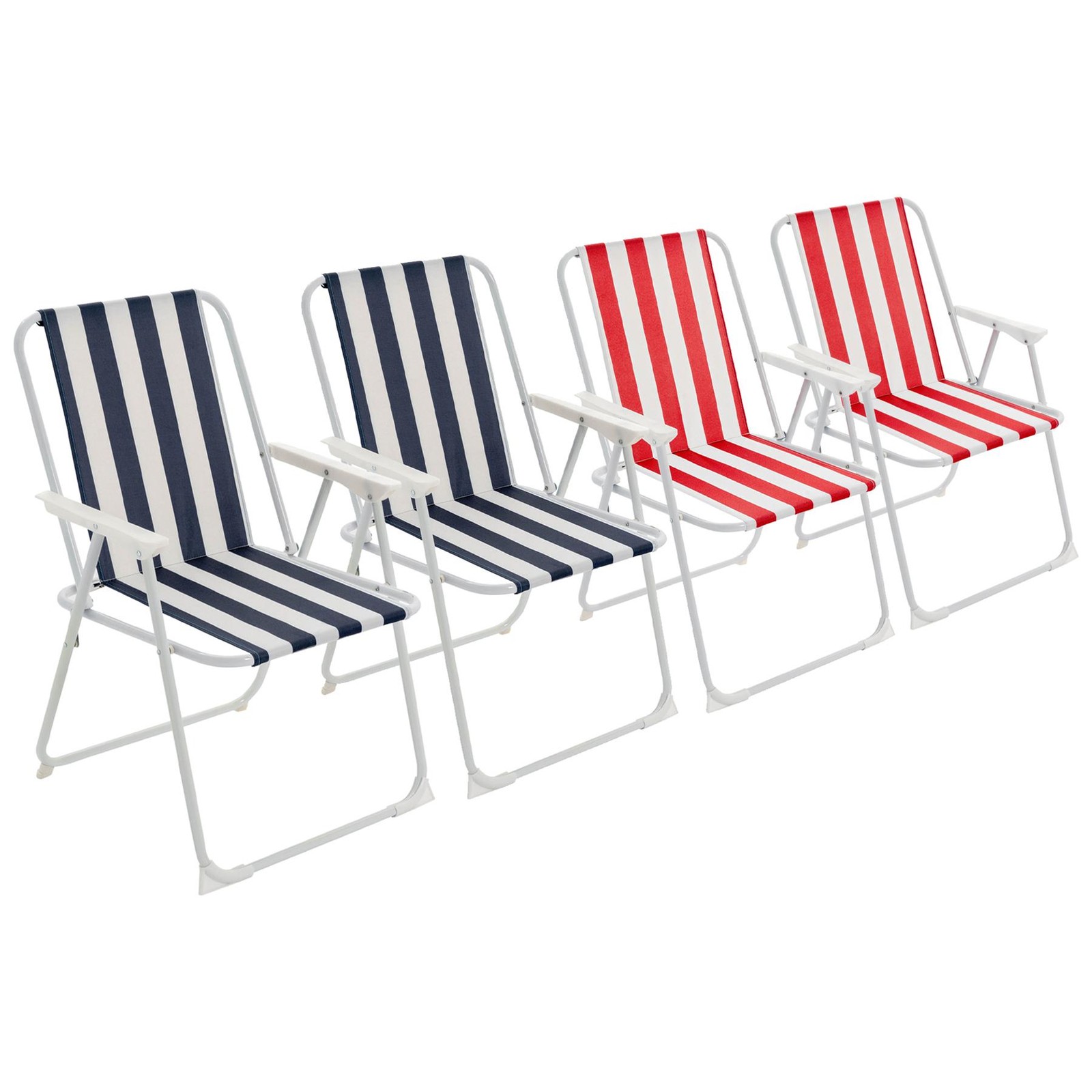 Metal Garden Armchair Folding Low Portable Camping Beach, Blue & Red Stripe x4