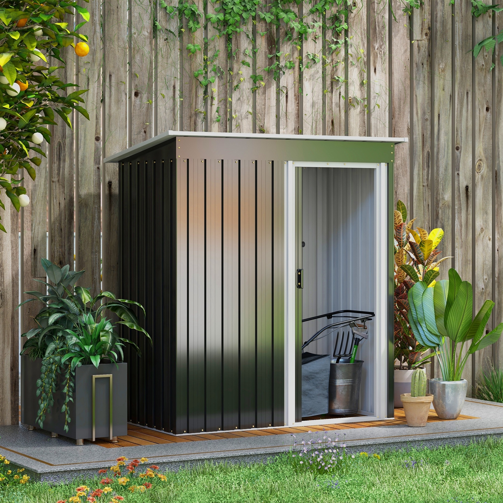 5 x 3ft Garden Storage Shed Sliding Door Sloped Roof Tool Galvanised Steel