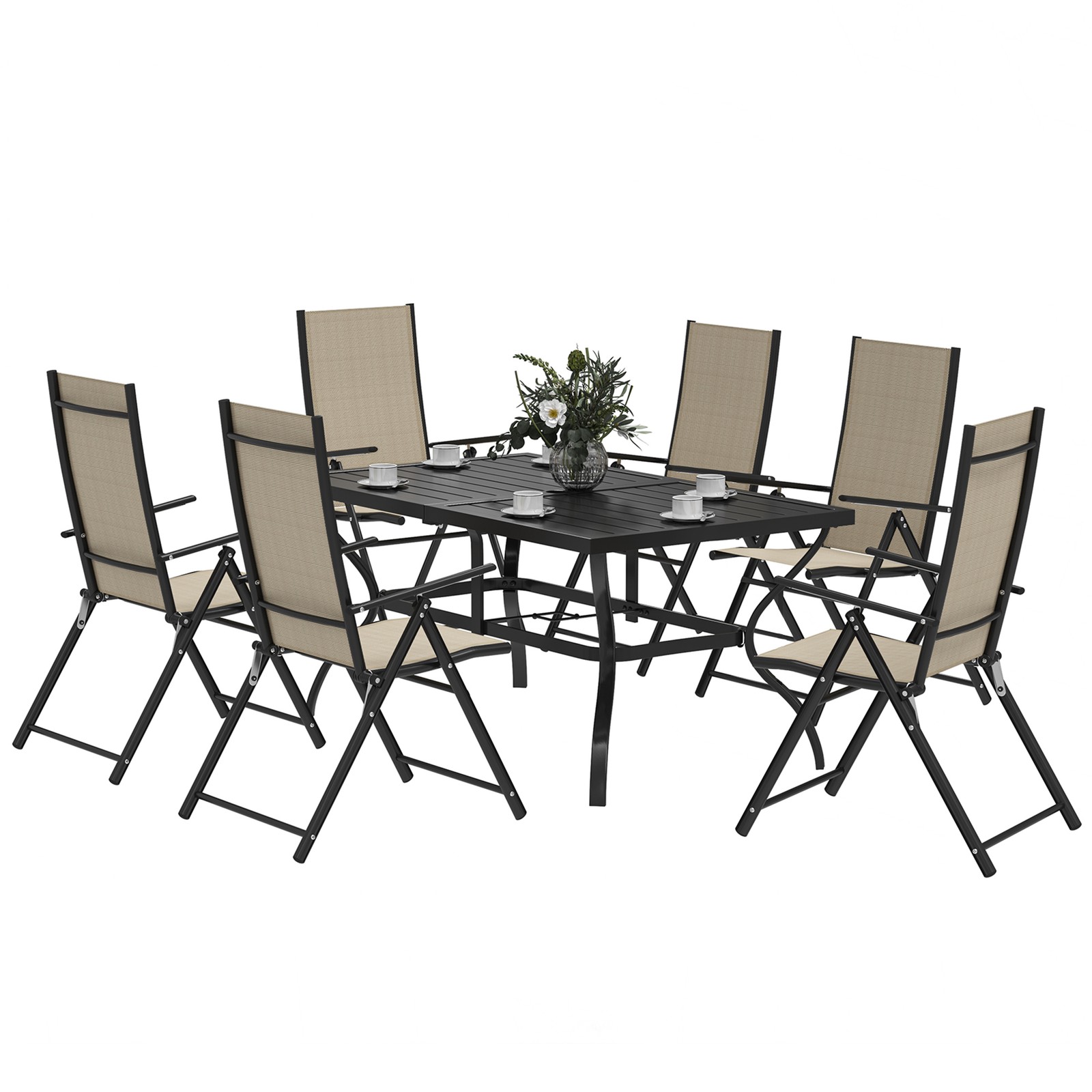 Outsunny 7 PCs Garden Dining Set, Folding Chairs and Metal Top Table, Khaki