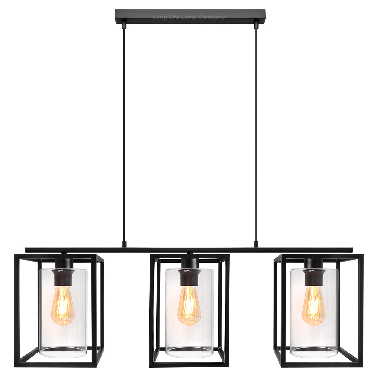 Modern Rectangular Ceiling Lantern Pendant Light 3 Black Frame Clear Glass H3051