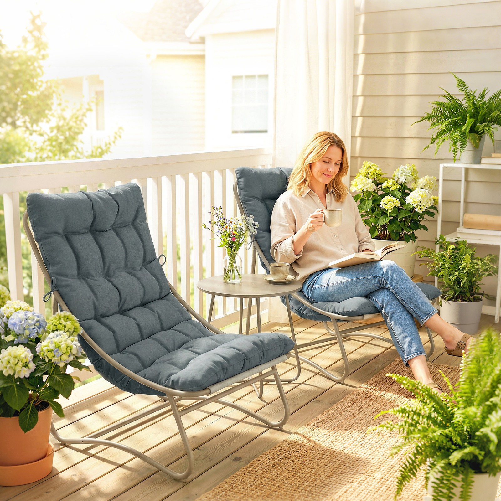 Garden Bistro Set for 2, Bistro Table and Chairs with Cushions, Dark Grey