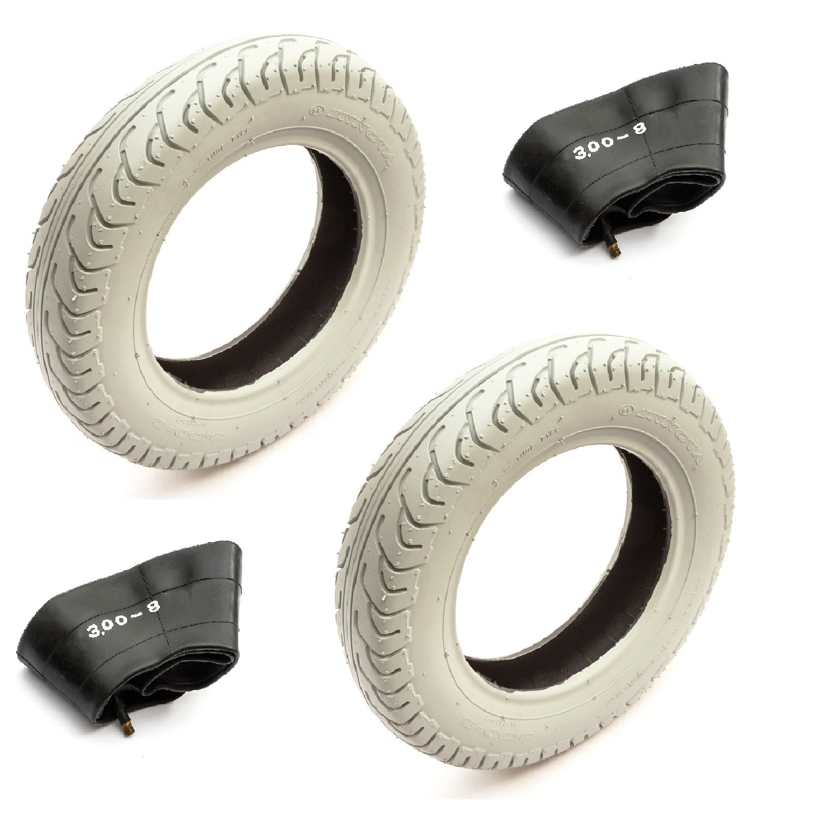 2x Tyre 3.00-8 & Straight Valve Inner Tube Set Road Tread Grey Mobility Scooter