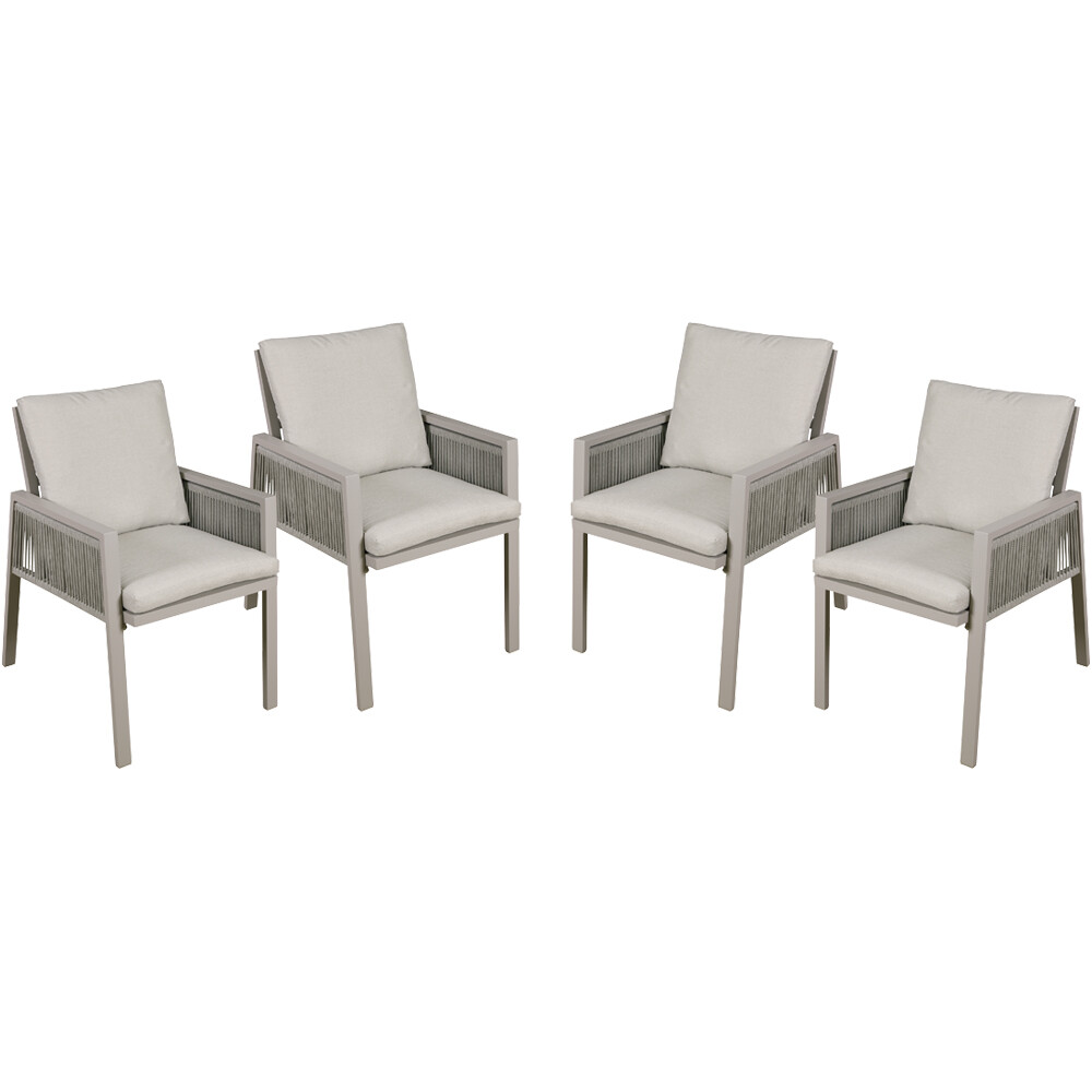 4 PACK Garden Dining Chairs & Armrests - Light Grey Aluminium & Rope - Outdoor