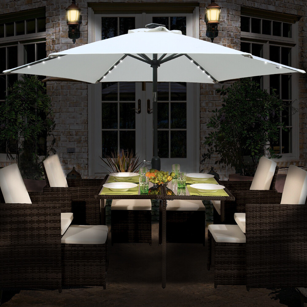 2.5M LED Solar Garden Parasol Outdoor Sun Shade Patio Umbrella Tilt Crank Cream