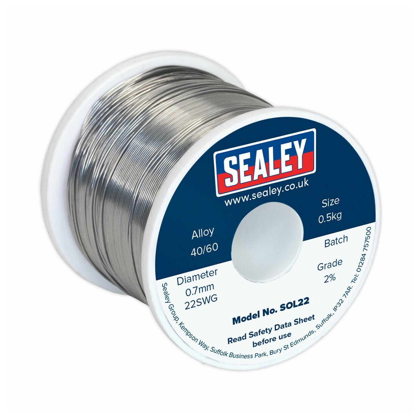 Sealey Solder Wire Quick Flow 2% 0.7mm/22SWG 40/60 0.5kg Reel Resin Cored Solder
