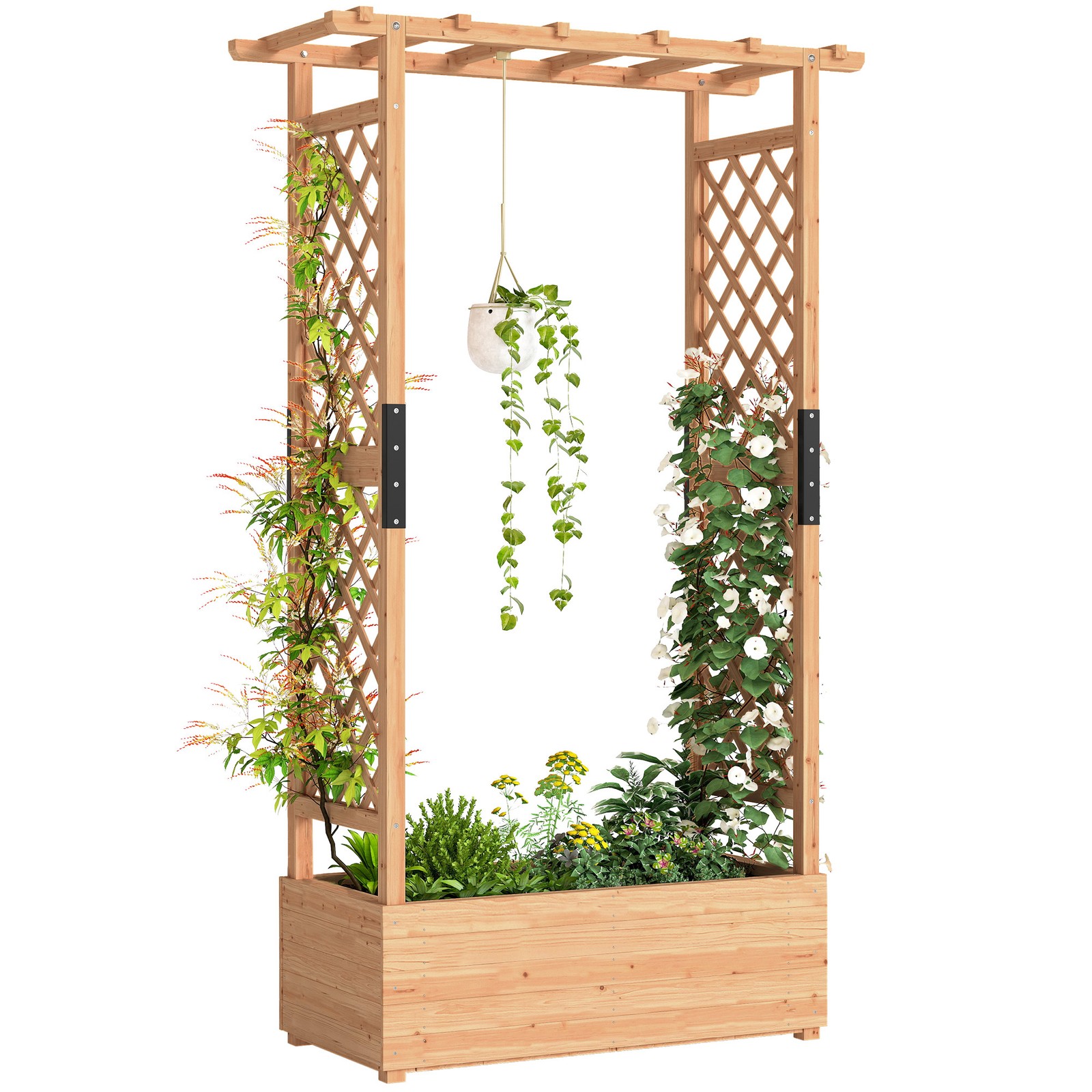 Outsunny Raised Bed for Garden with Trellis, 110 x 44 x 181 cm, Natural