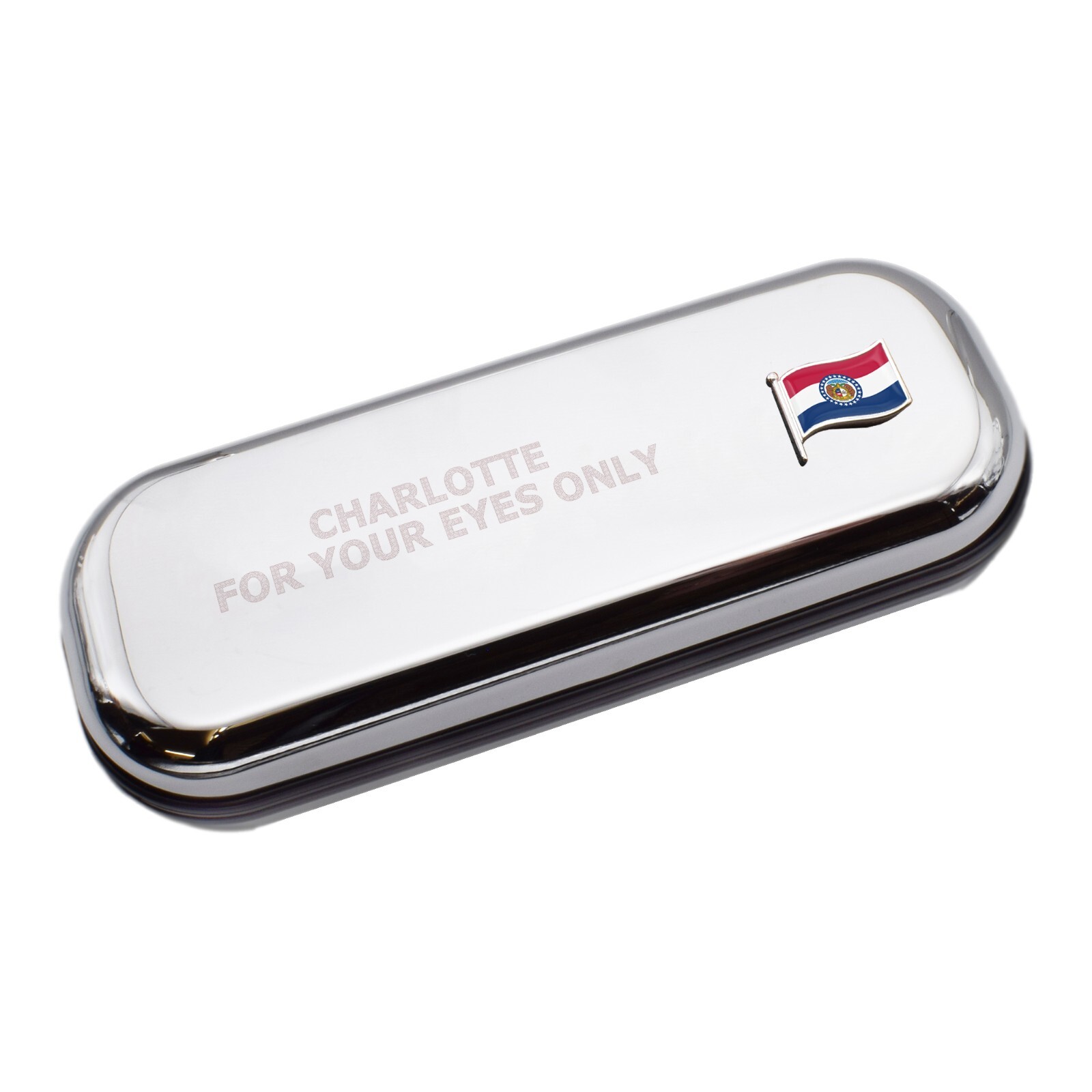 Missouri Wave Flag & Engraved With Message Chromed Glasses Case Box