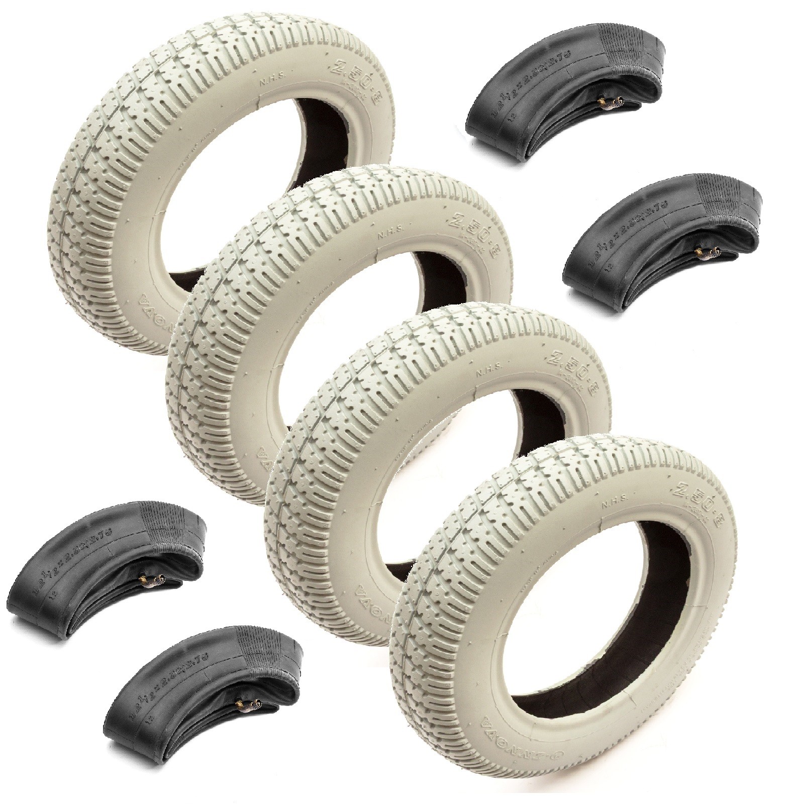 4x Mobility Scooter 14 Inch Tyre & Tube 2.50-8 Grey Block Tread 4 Ply Bent Valve