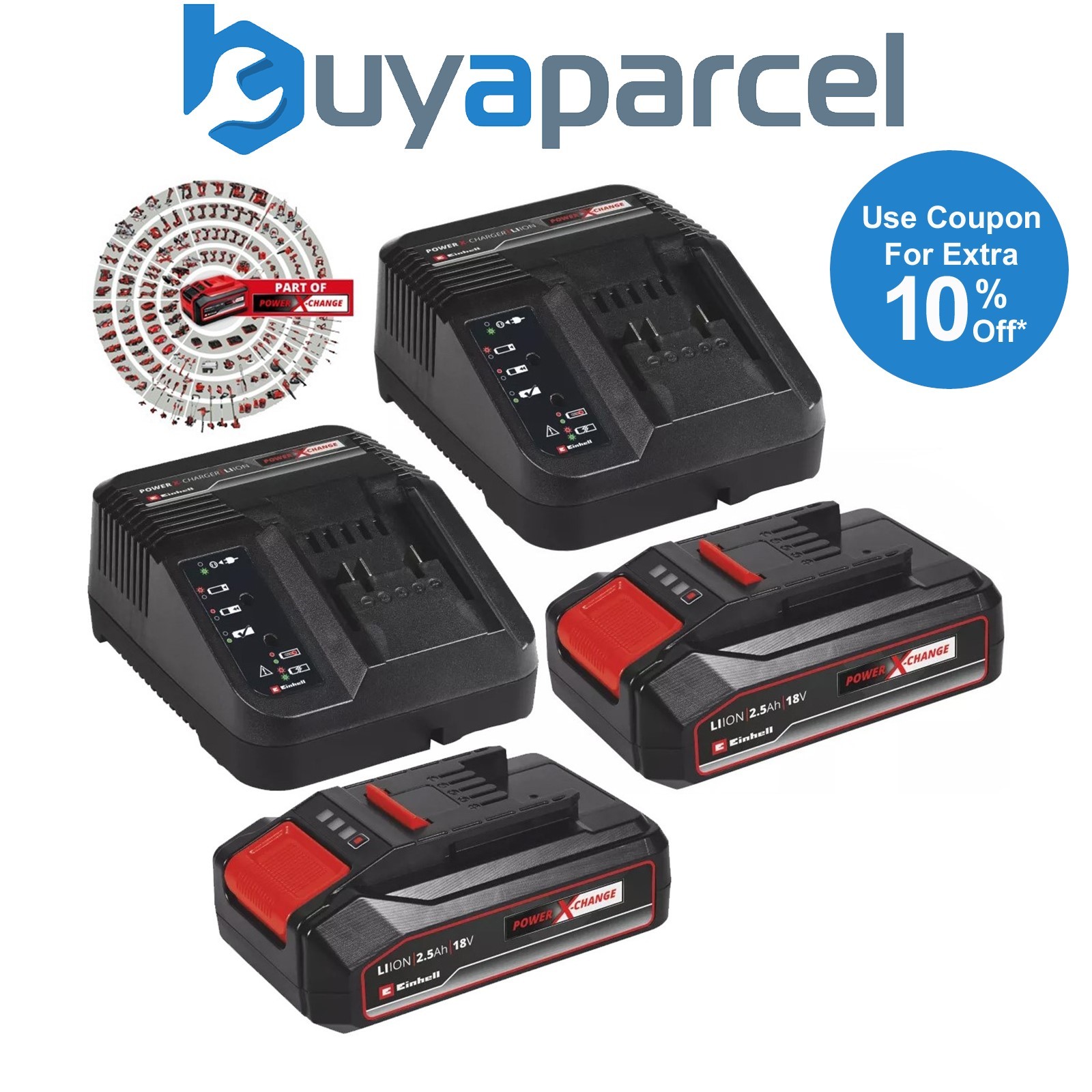 Einhell 18v / 36v Power X-Change Kit - 2x 2.5Ah Battery + 2x 3ah Fast Charger