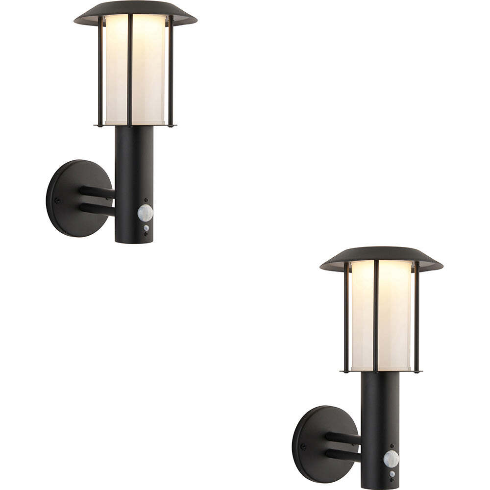 2 PACK Outdoor Matt Black Wall Light - White Pc Shade - Solar Powered Lamp