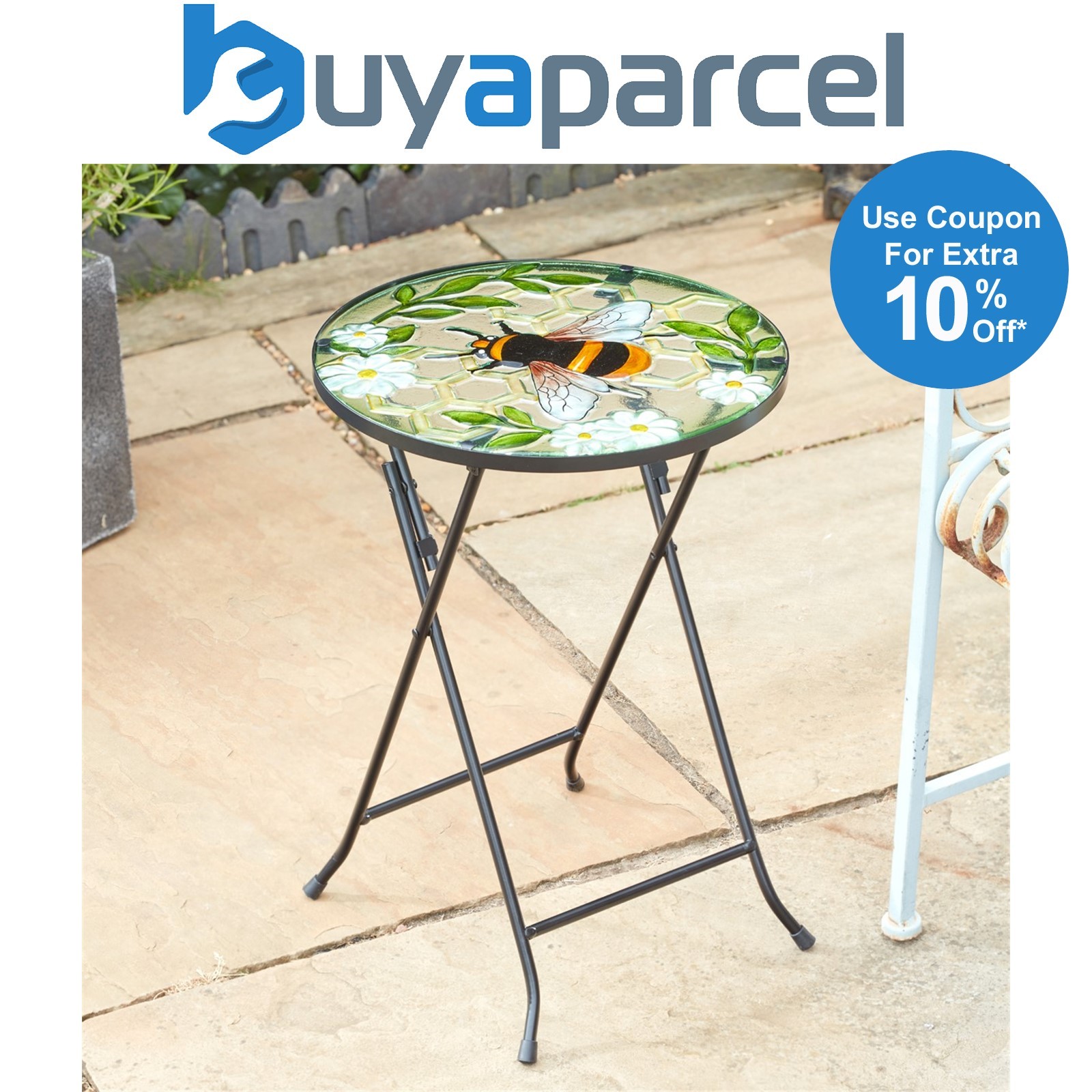 Smart Garden Bumble Bee Glass Garden Side Table Folding Indoor Outdoor