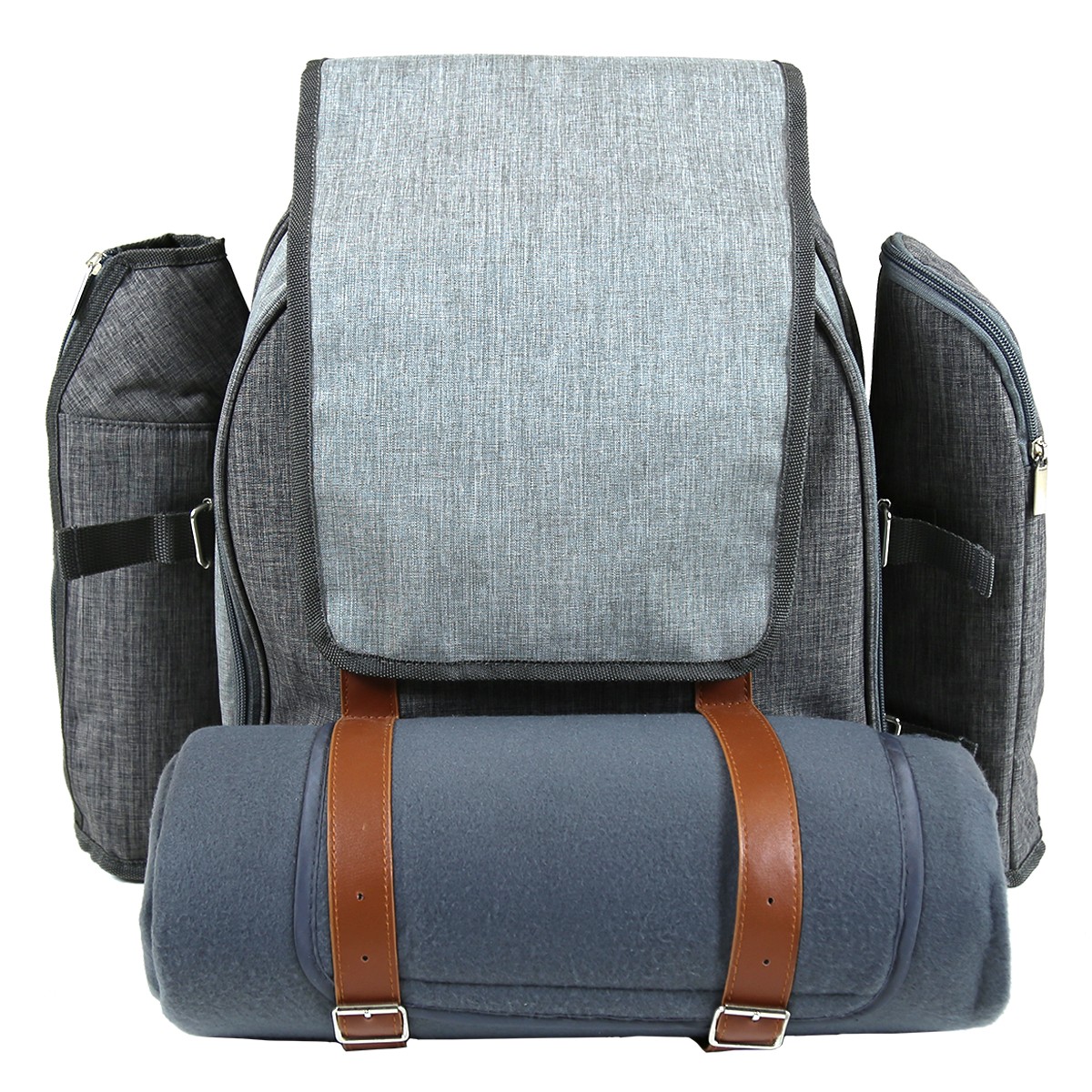 Charles Bentley Grey 4 Person Picnic Bag Backpack With Cutlery, Plates, Blanket