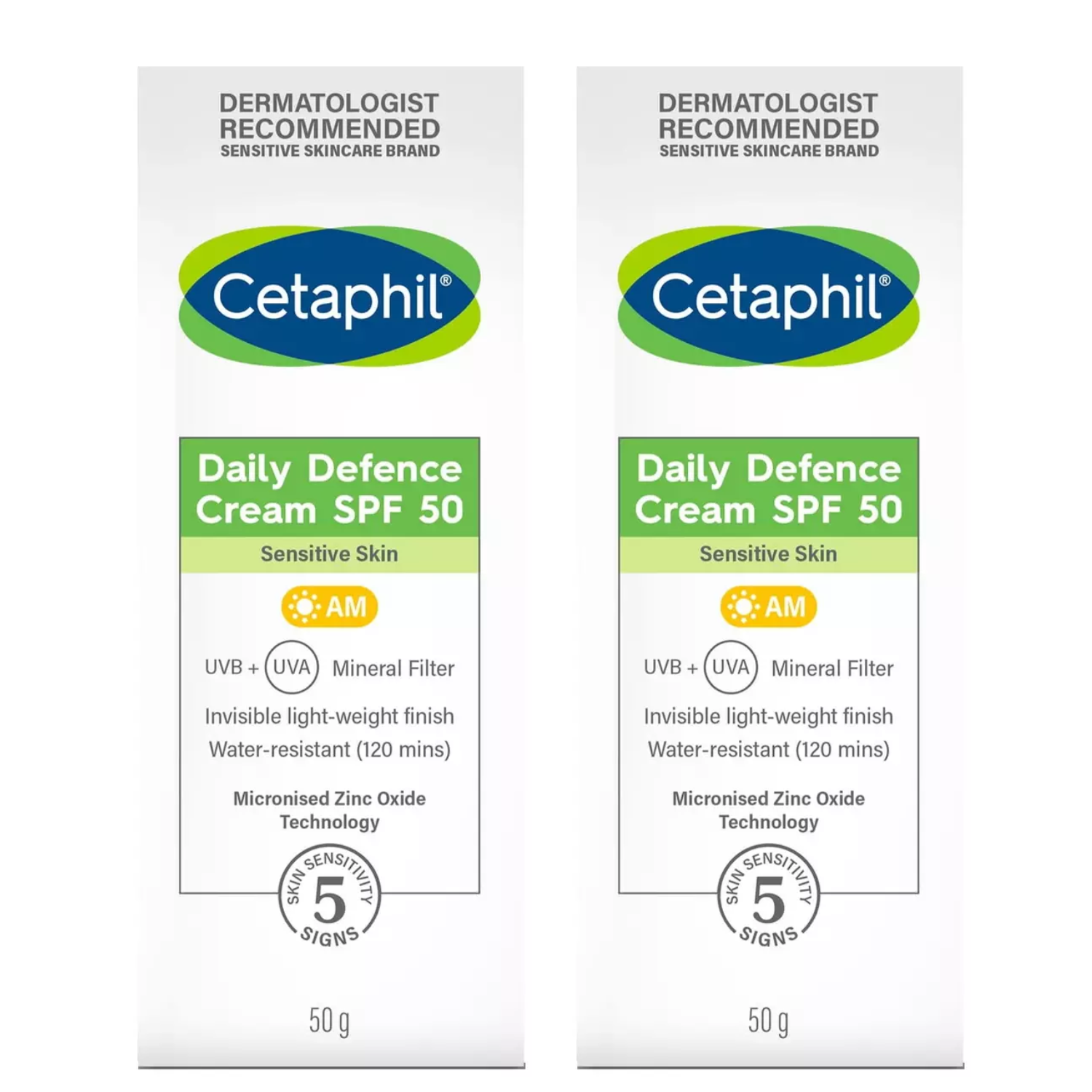 Cetaphil Daily Defence Face Moisturiser, SPF 50+ Day Cream With Glycerin 50g X2