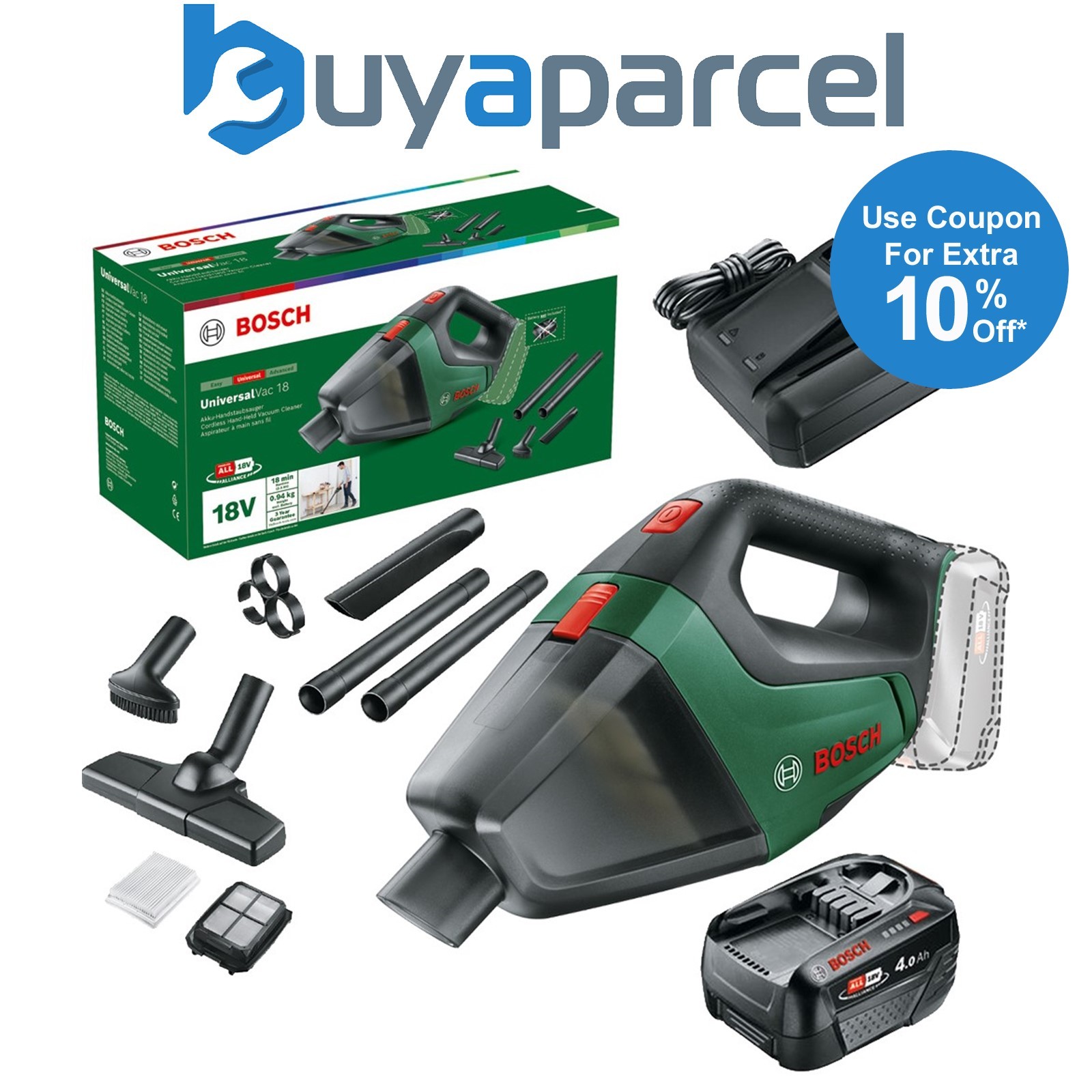 Bosch 06033B9102 18v Vacuum Cleaner UniversalVac + Nozzles + 4AH Battery Kit