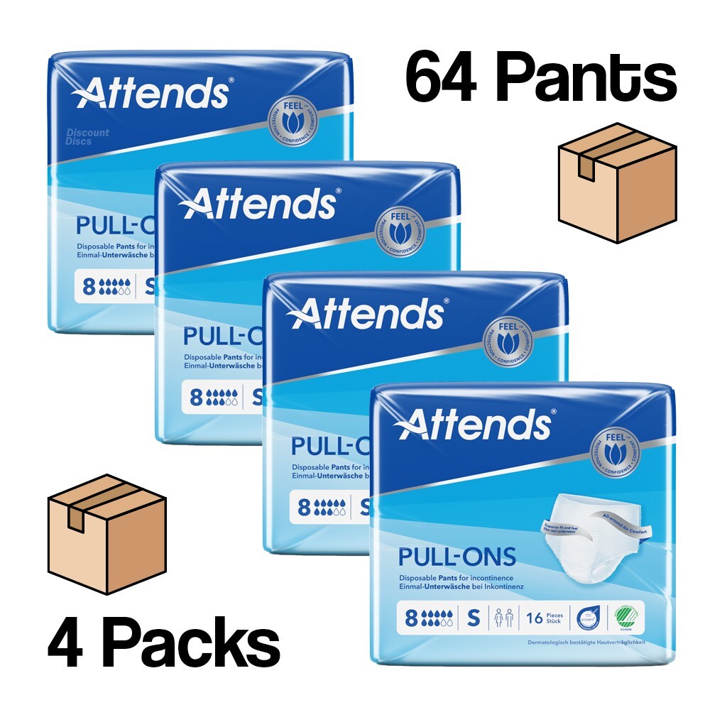 ATTENDS 8S Adult Nappies Pull Up Pants Incontinence Diapers 4 Packs of 16 SMALL