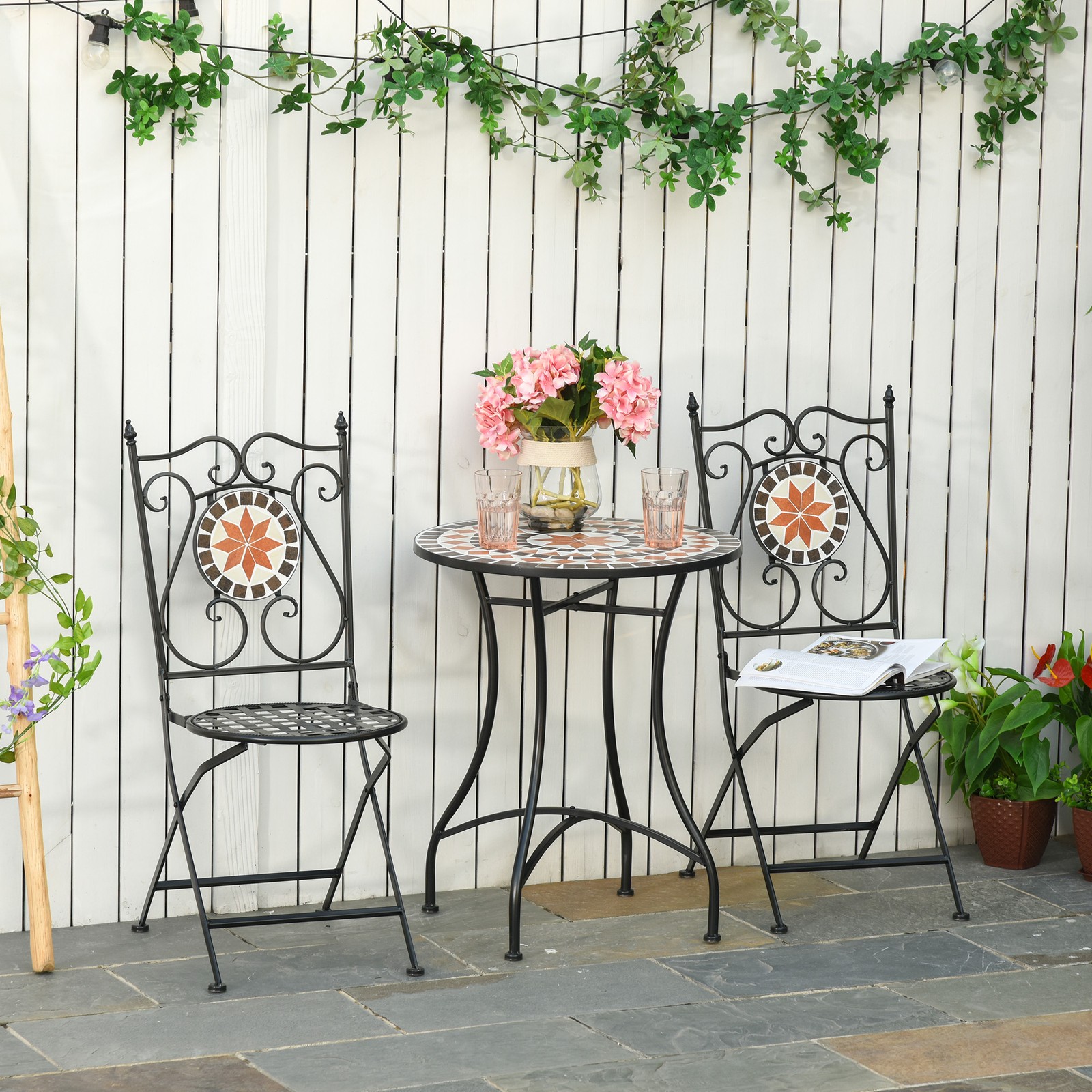 3PCs Garden Bistro Set with 1 Ceramic Tile Round Table and 2 Foldable Chairs