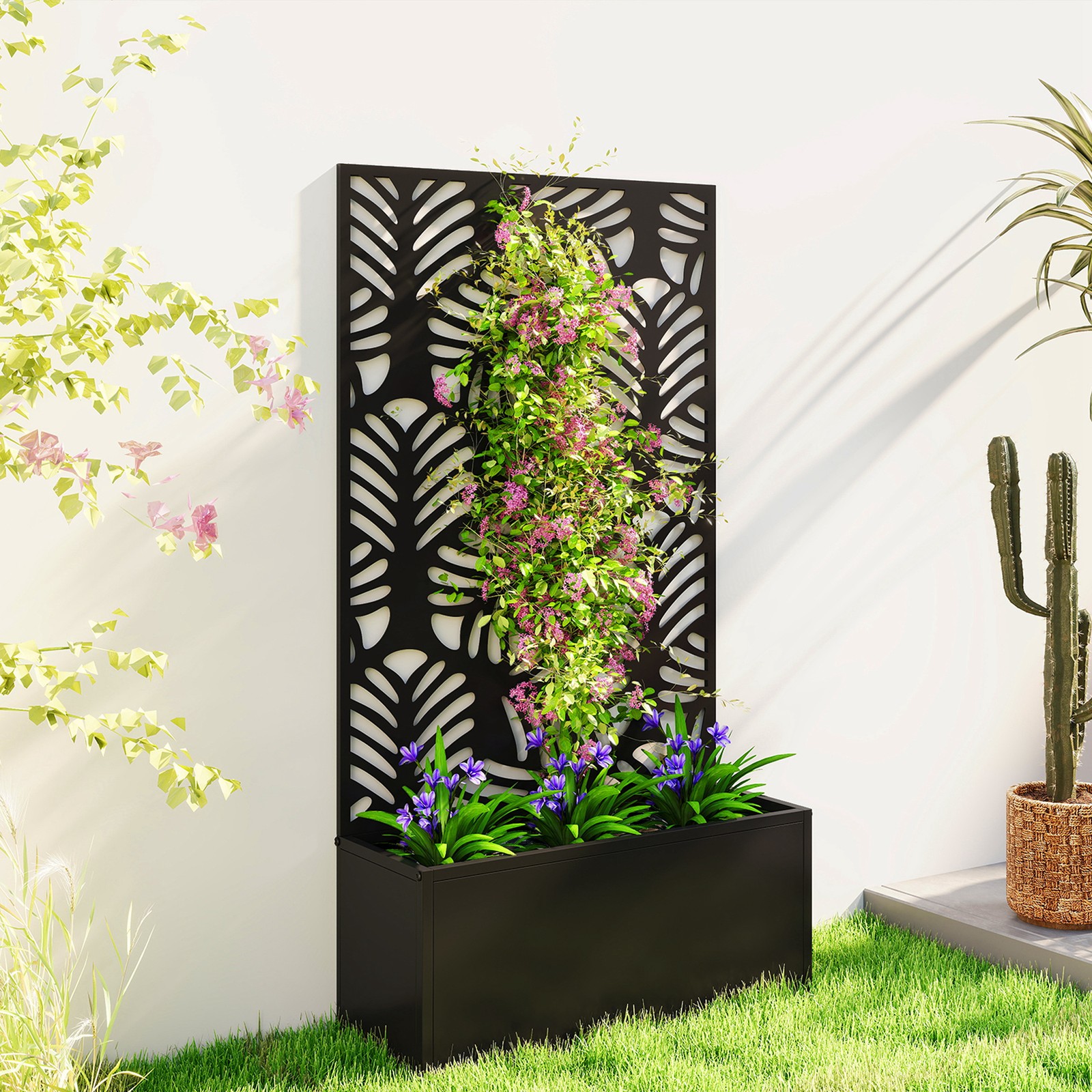 Planter Box with Privacy Screen, Wall Mounted or Freestanding Trellis Planter