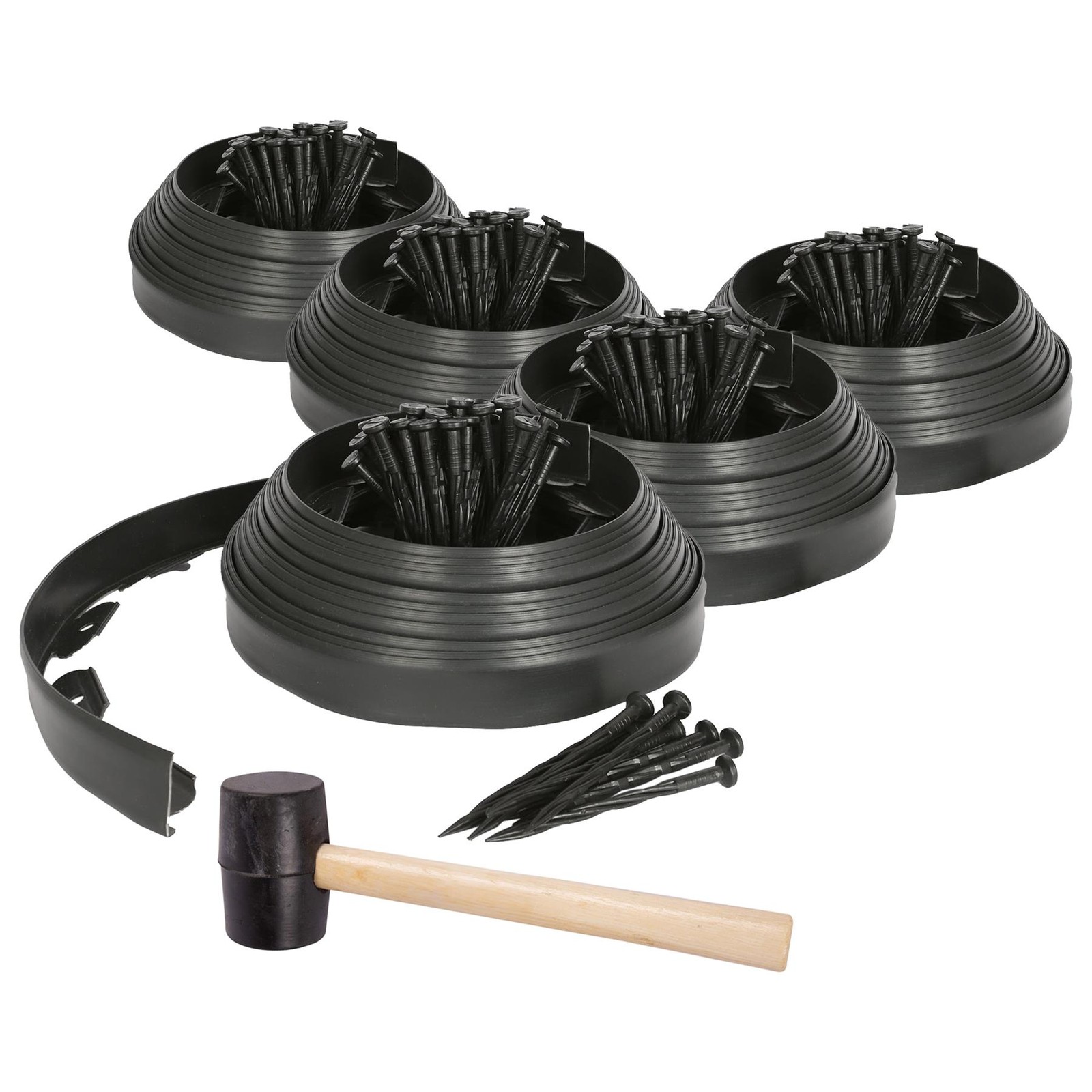 5x Flexible Plastic Lawn & Path Edging with 200 Pegs & Mallet 50m x 4cm Black