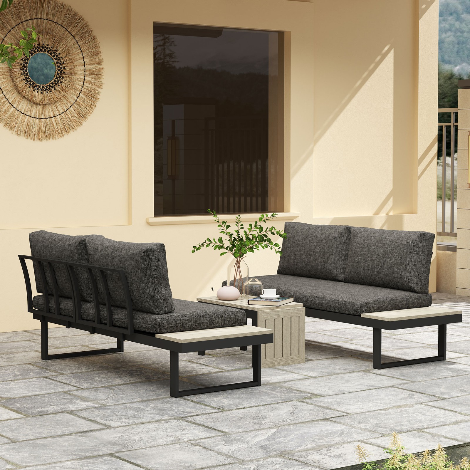3 Piece Corner Garden Furniture Set w/ Loveseats Sectional Outdoor Sofa Set Grey