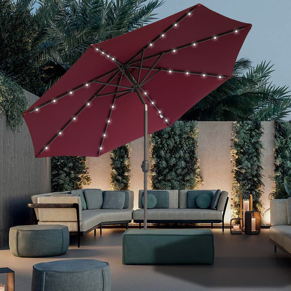 2.7M Garden Parasol Outdoor LED Umbrella Sun Shade Patio Tilt Crank Wine Red