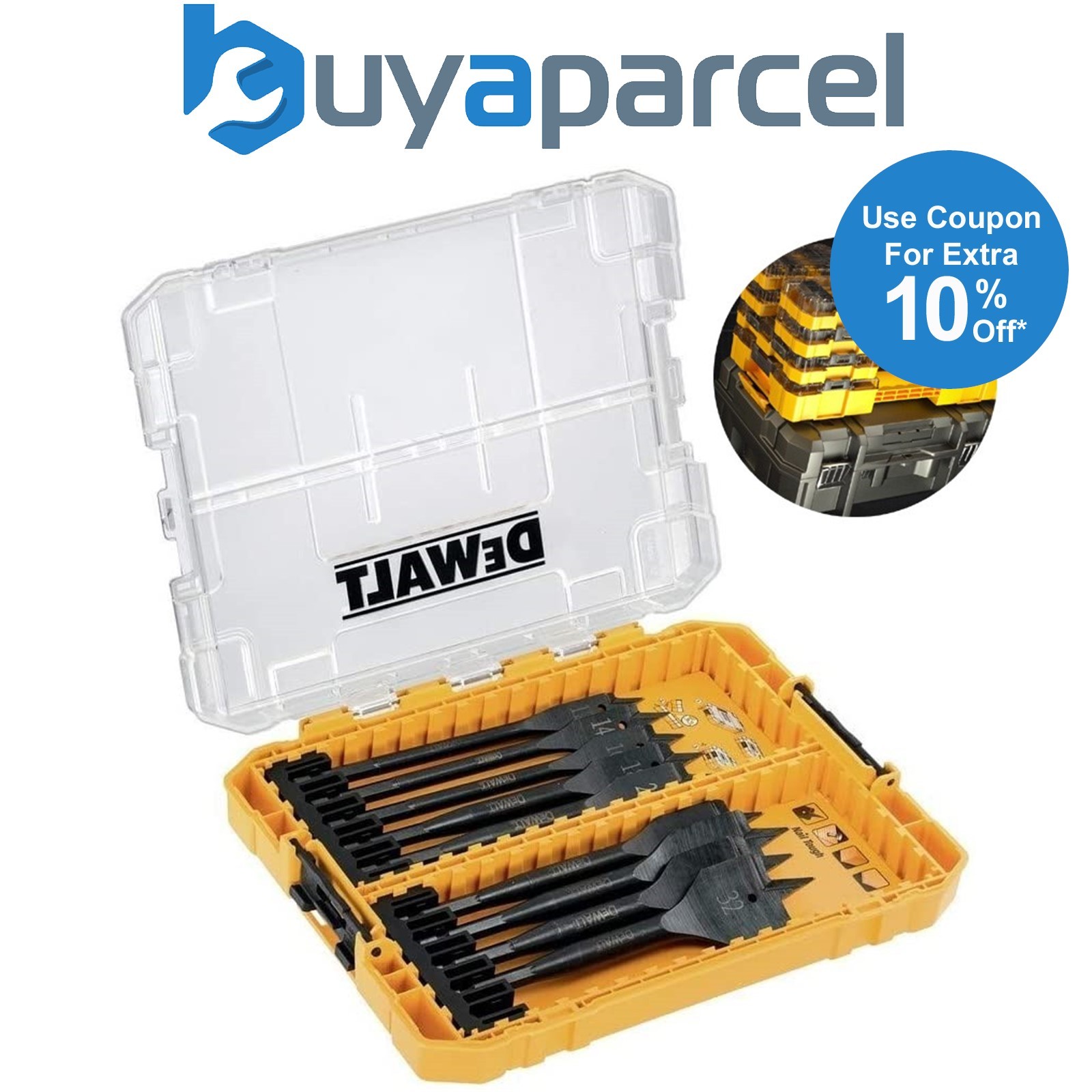 DeWalt DT70751 Flat Wood Spade Bit Set 9 Piece 12mm - 32mm + Tough Case Tstak