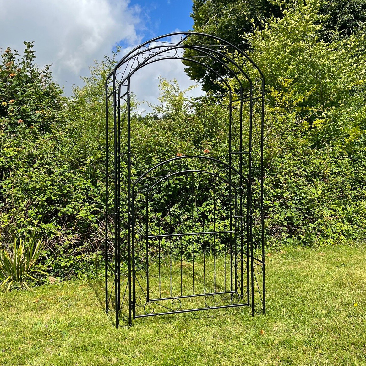 2.14m Metal Garden Arch with Gate & Fixing Pegs Climbing Plant Support Trellis