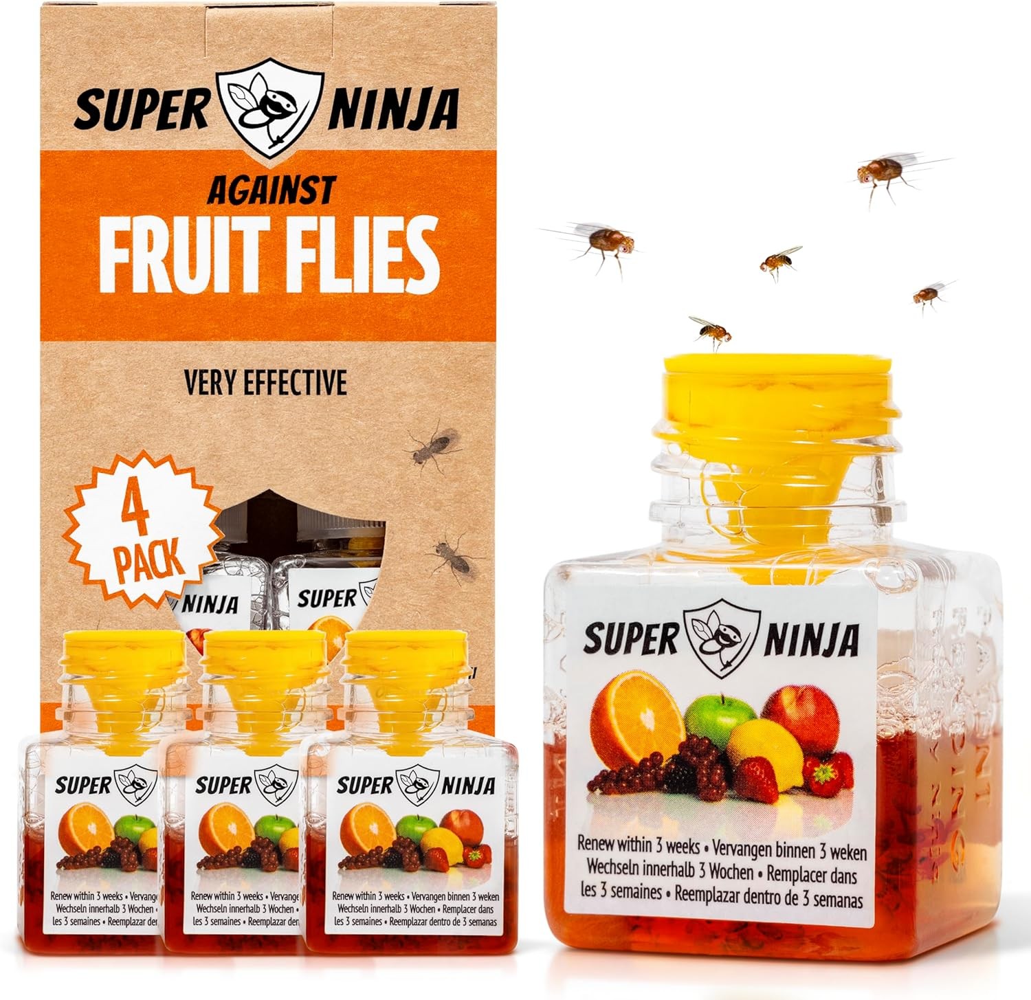 Super Ninja Fruit Fly Trap - 4 pack, Highly Effective Fruit Fly Killer for Home