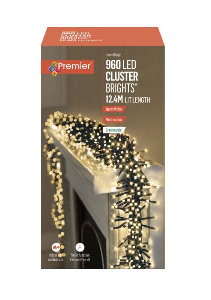 960 Premier Warm White LED Multi Action Christmas Cluster Timer Lights 12.4M Lit