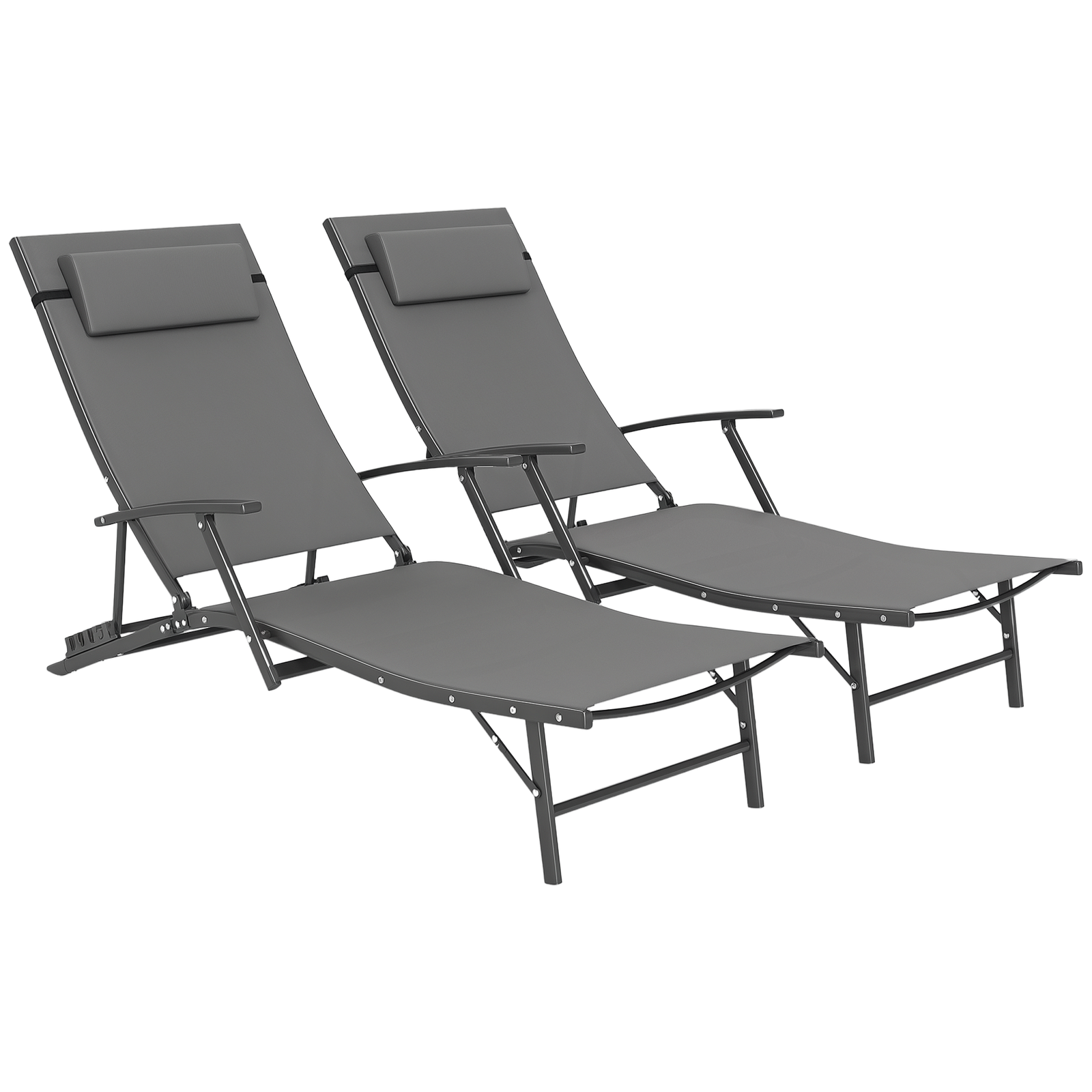 Outsunny Set of 2 Garden Sun Loungers, Folding Chaise Lounge Chairs, Grey