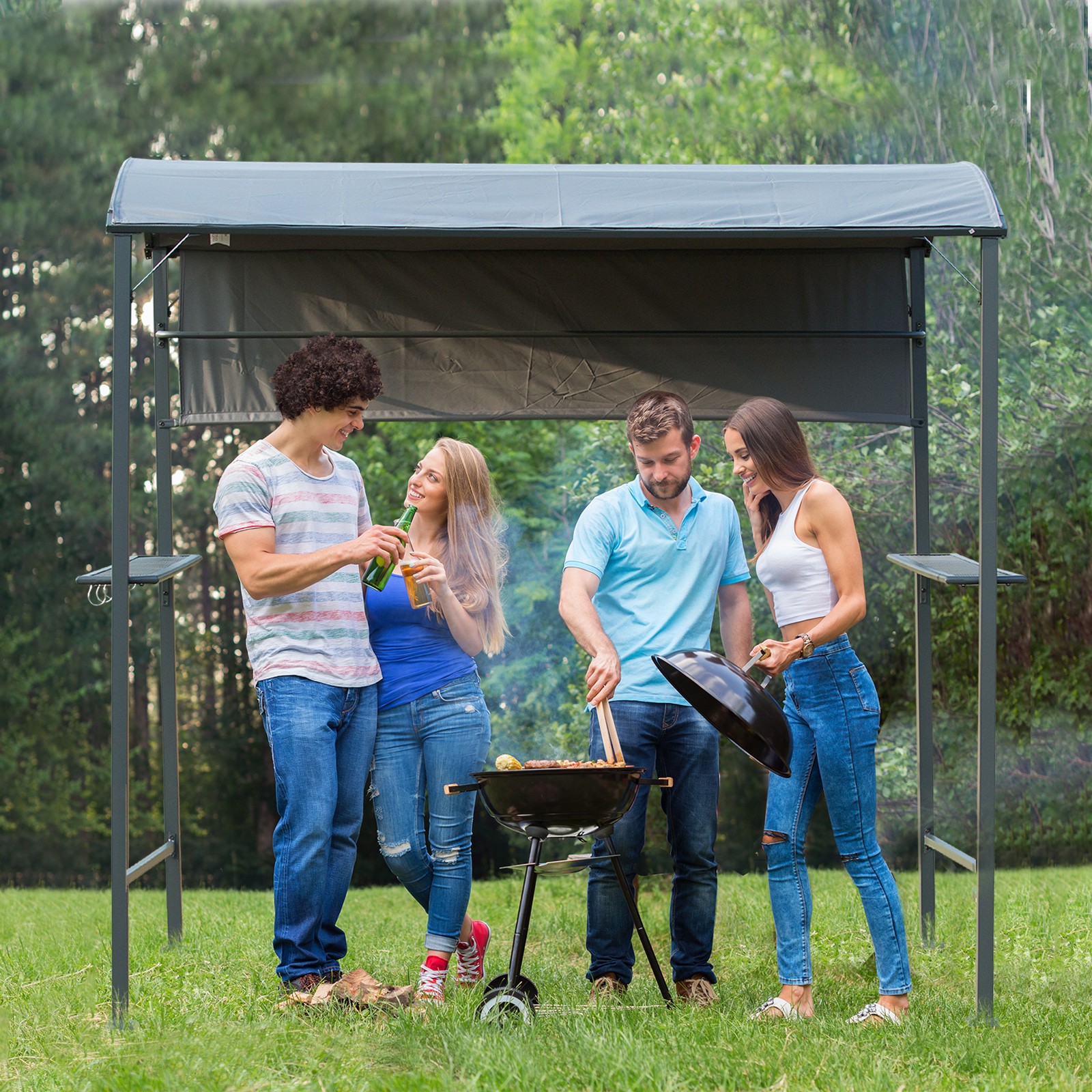 2.2 x 1.4m Outdoor Double-tier BBQ Grill Canopy Gazebo w/ 2 Shelf, 5 Hooks