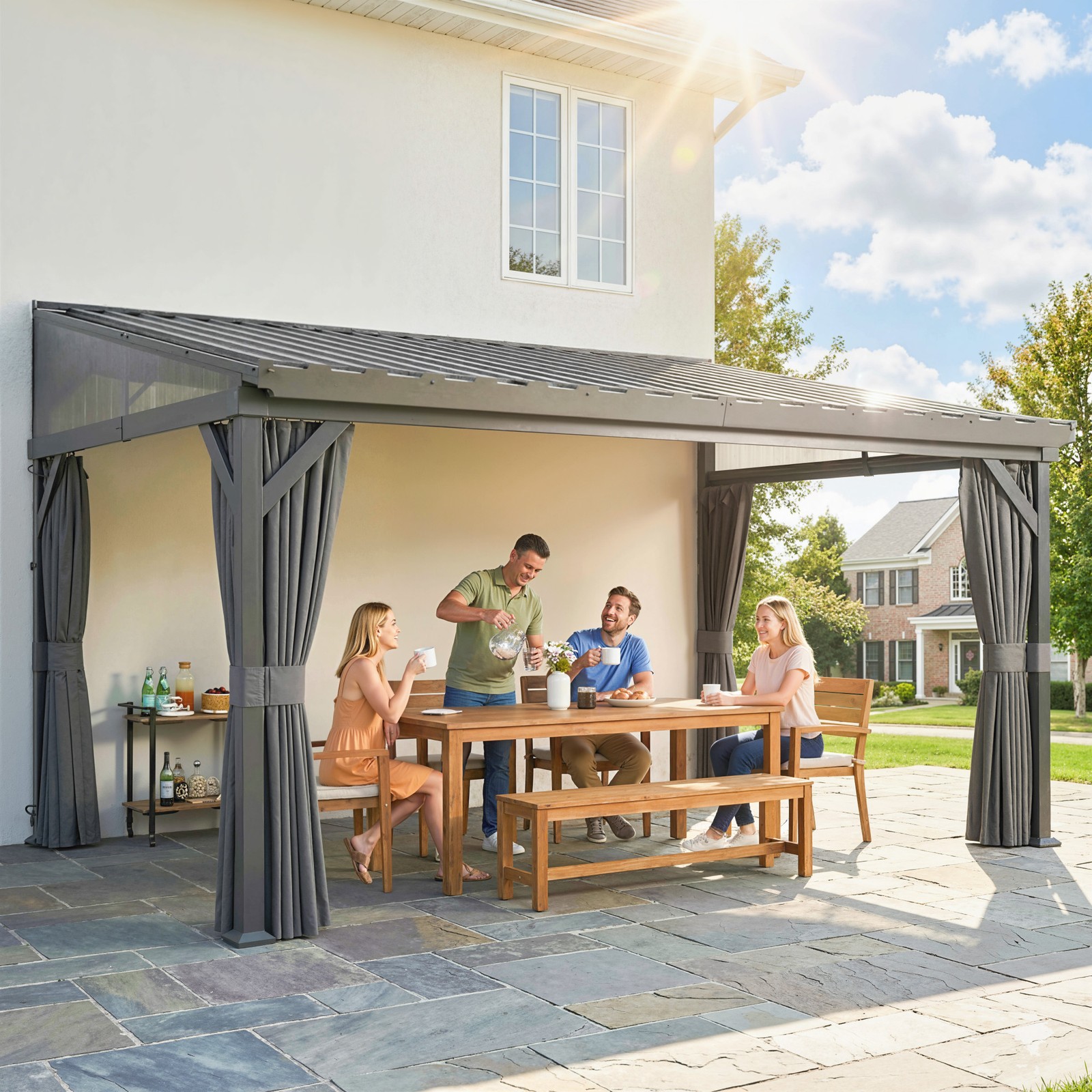 4.3 x 3 m Garden Pergola with Waterproof Steel Roof, Lean to Pergola Gazebo