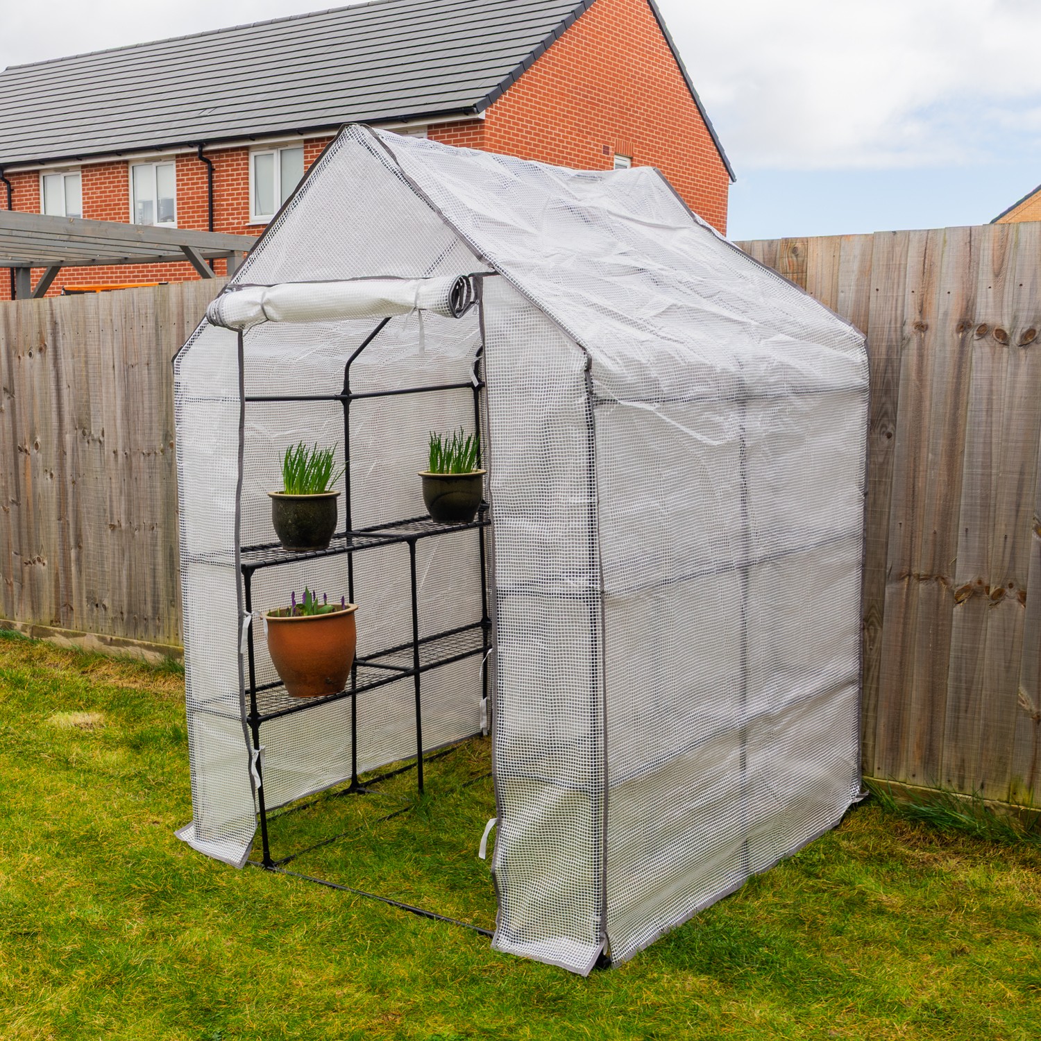 Woodside Walk-in Greenhouse with Netted PE Cover 4 Shelves Steel Frame