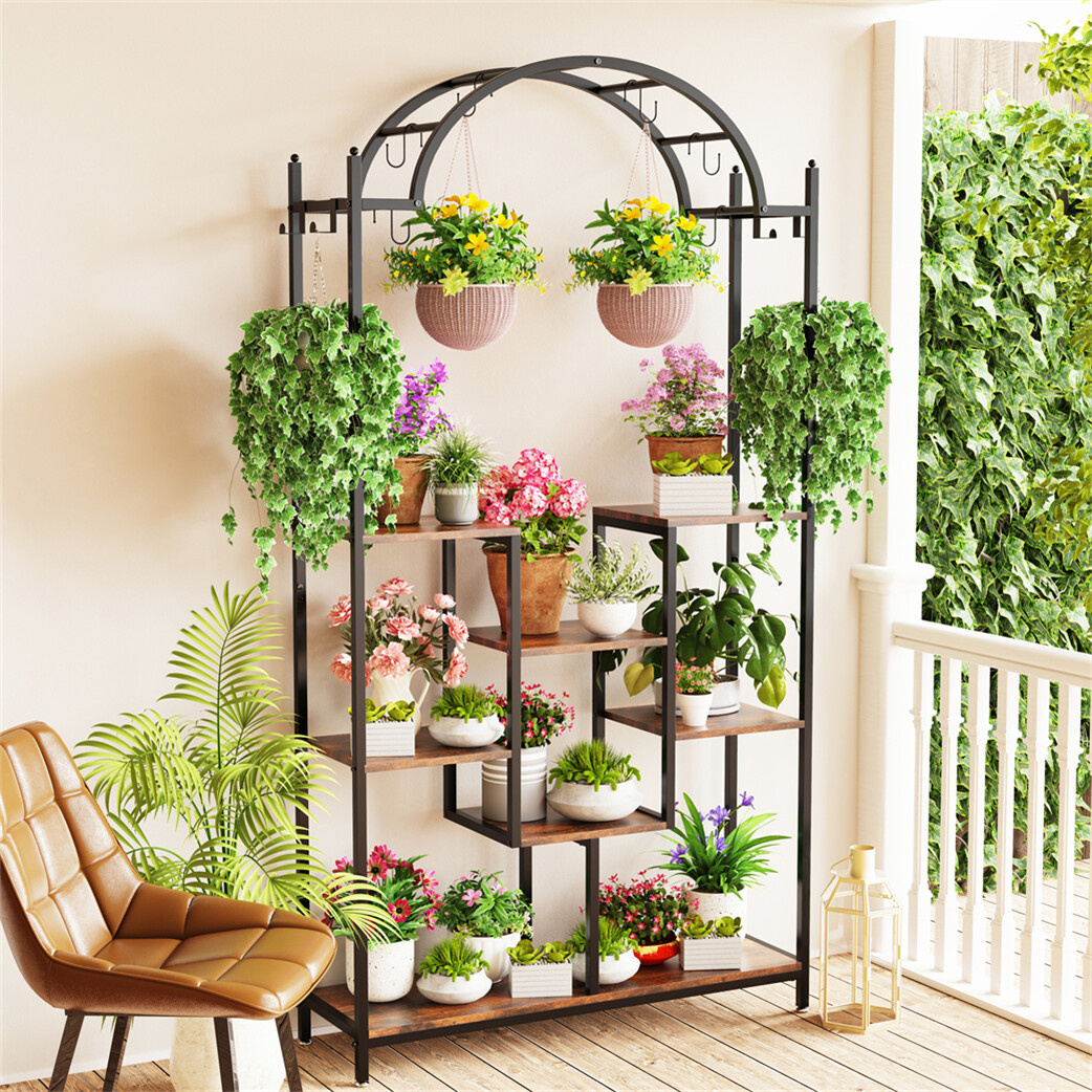 8-Tier Indoor Plant Stand 74.8" Metal Shelf with Hooks Rustic Arched Flower Rack