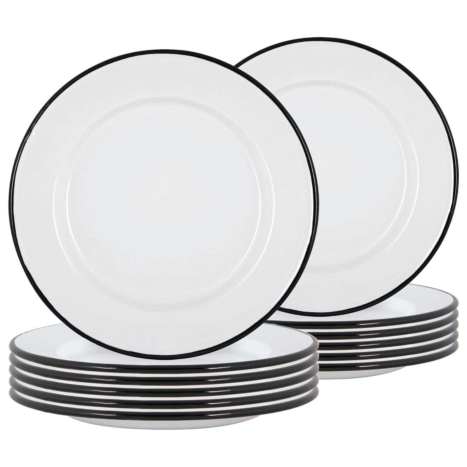 12x White Enamel Dinner Plates Metal Outdoor Camping Food Dishes 25.5cm Black
