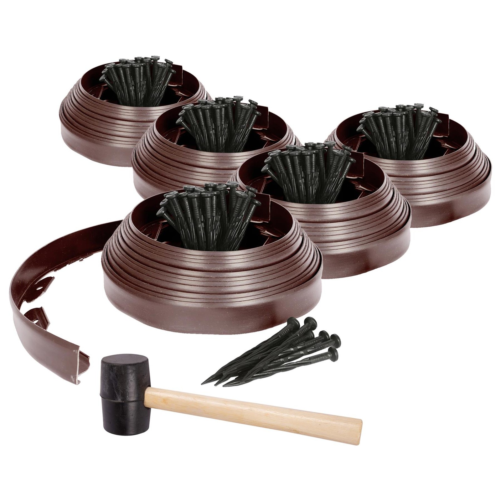 5x Flexible Plastic Lawn & Path Edging with 200 Pegs & Mallet 50m x 4cm Brown