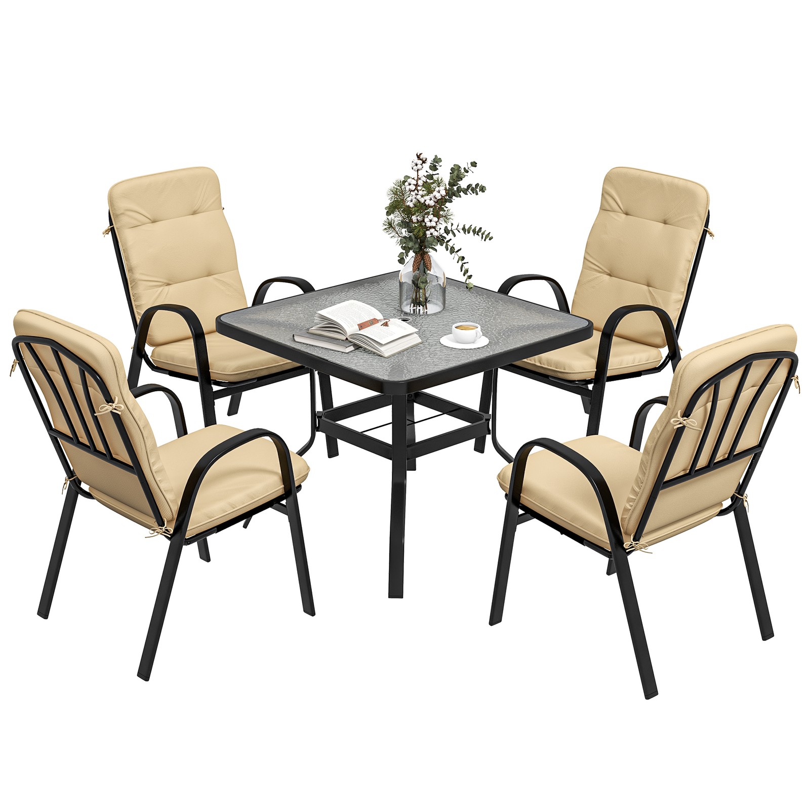 Outsunny Garden Dining Set, Glass Table w/ Umbrella Hole Beige
