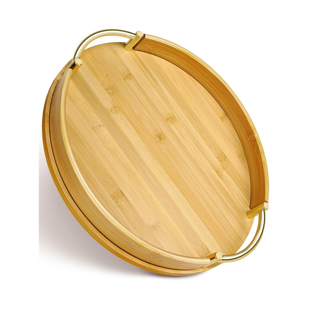 14Inch Round Bamboo Serving Tray with Handles - Decorative Tray,Breakfast6546