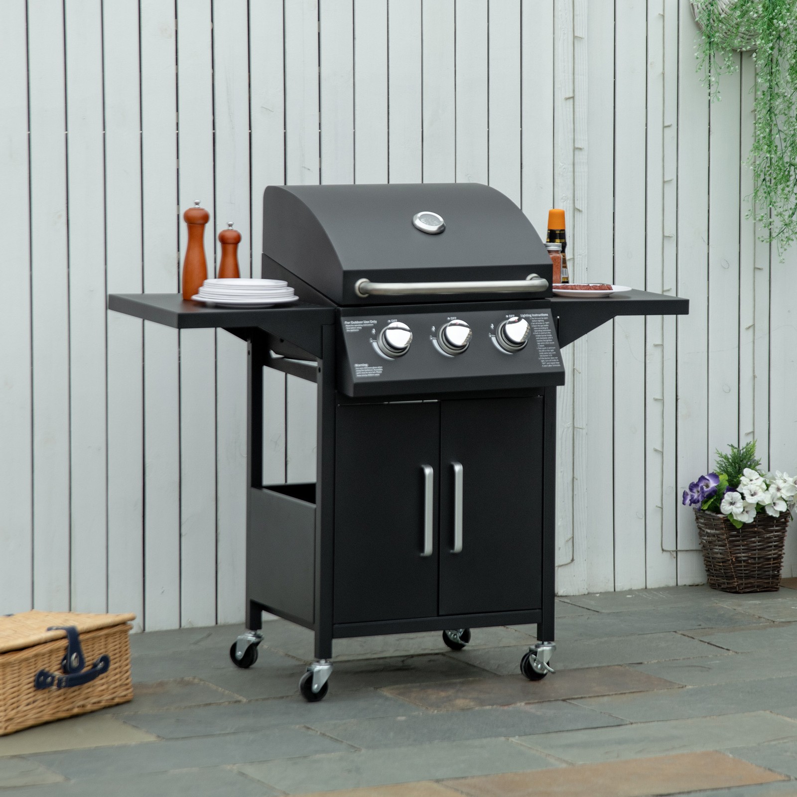 Outdoor 3 Burner Gas Grill Barbecue Trolley with Warming Rack, Side Shelf