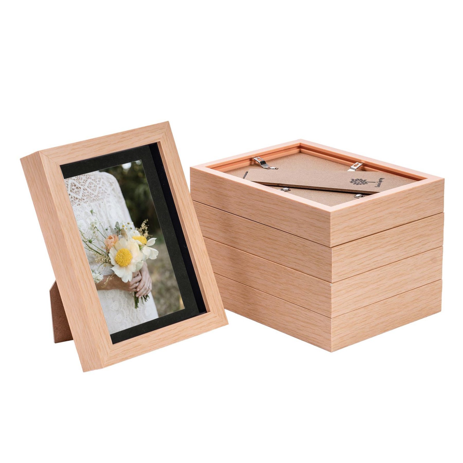 5x 3D Box Photo Frames Display 5 x 7" with 4 x 6" Mount Light Wood/Black