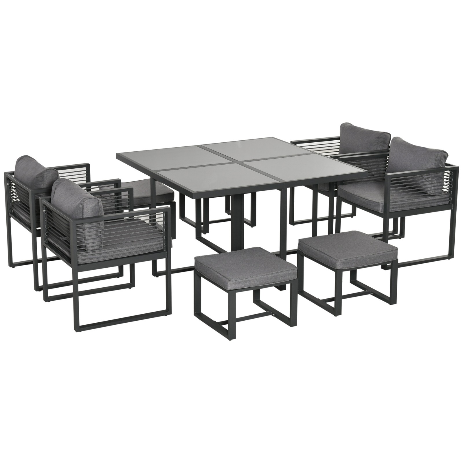 Outsunny 8 Seater Aluminium Garden Dining Cube Set w/ 4 Chairs 4 Footstools