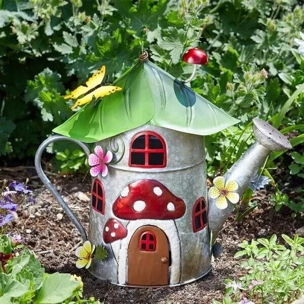 Garden Ornament Watering Can Metal Fairy House Outdoor Decor Statue Butterfly