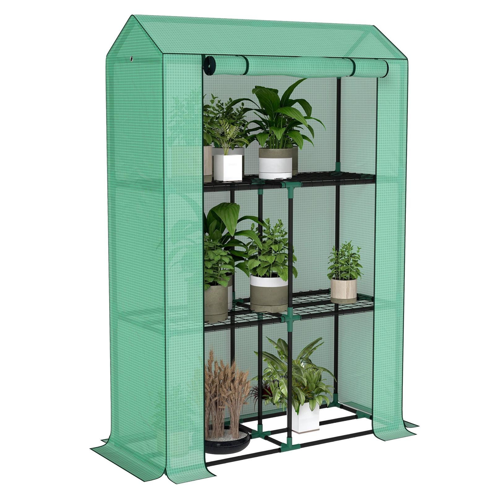 Outsunny 3 Tier Mini Greenhouse with PE Cover, Roll-Up Door, Green