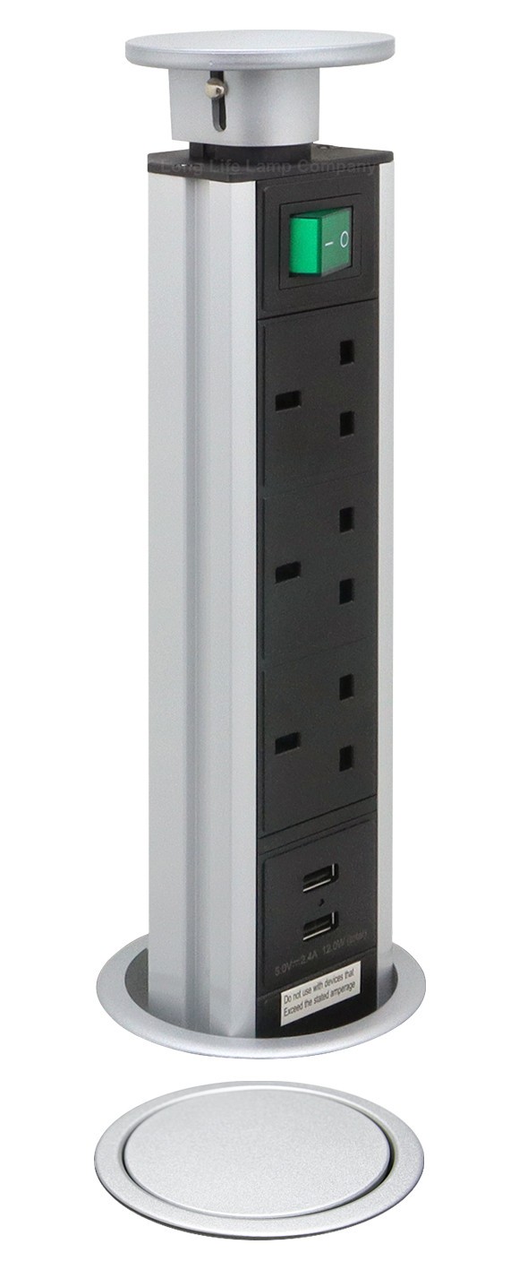 POP UP SOCKET POWER POD 3 Sockets With 2 USB with Safety Switch for on / off