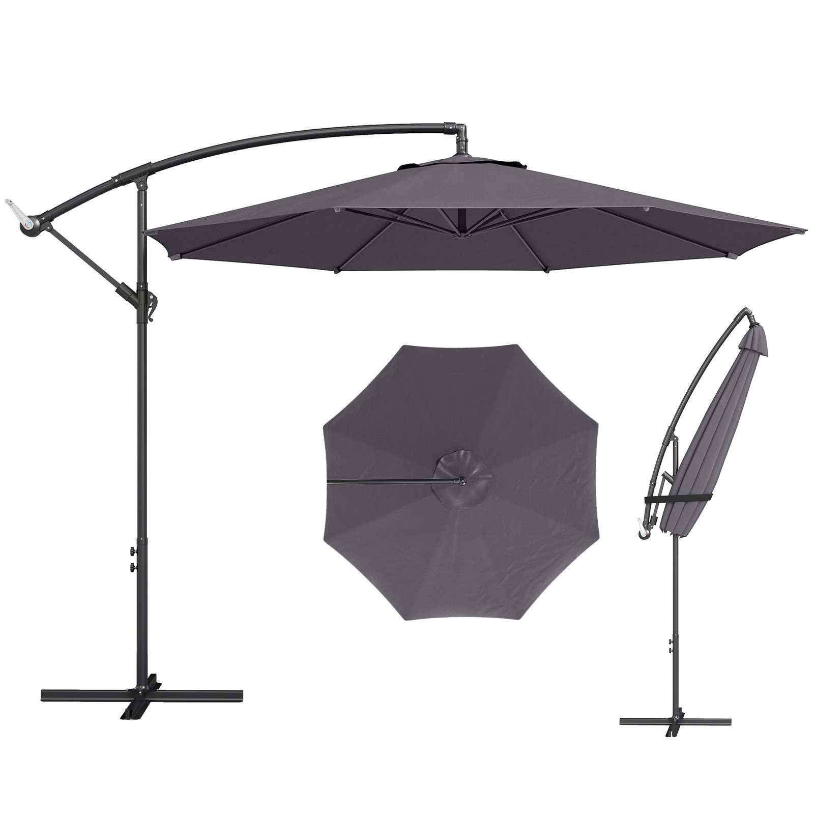 Outsunny 3(m) Garden Banana Parasol Cantilever Umbrella w/ Base, Grey