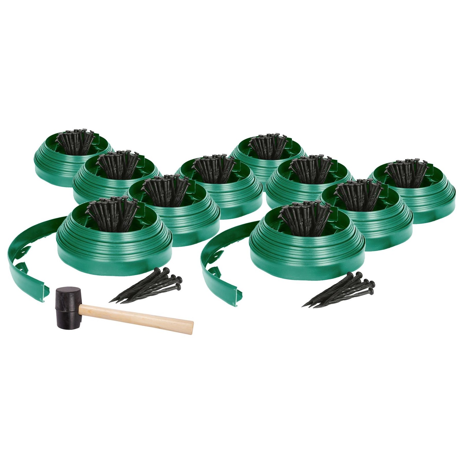 10x Flexible Plastic Lawn & Path Edging with 400 Pegs & Mallet 100m x 4cm Green